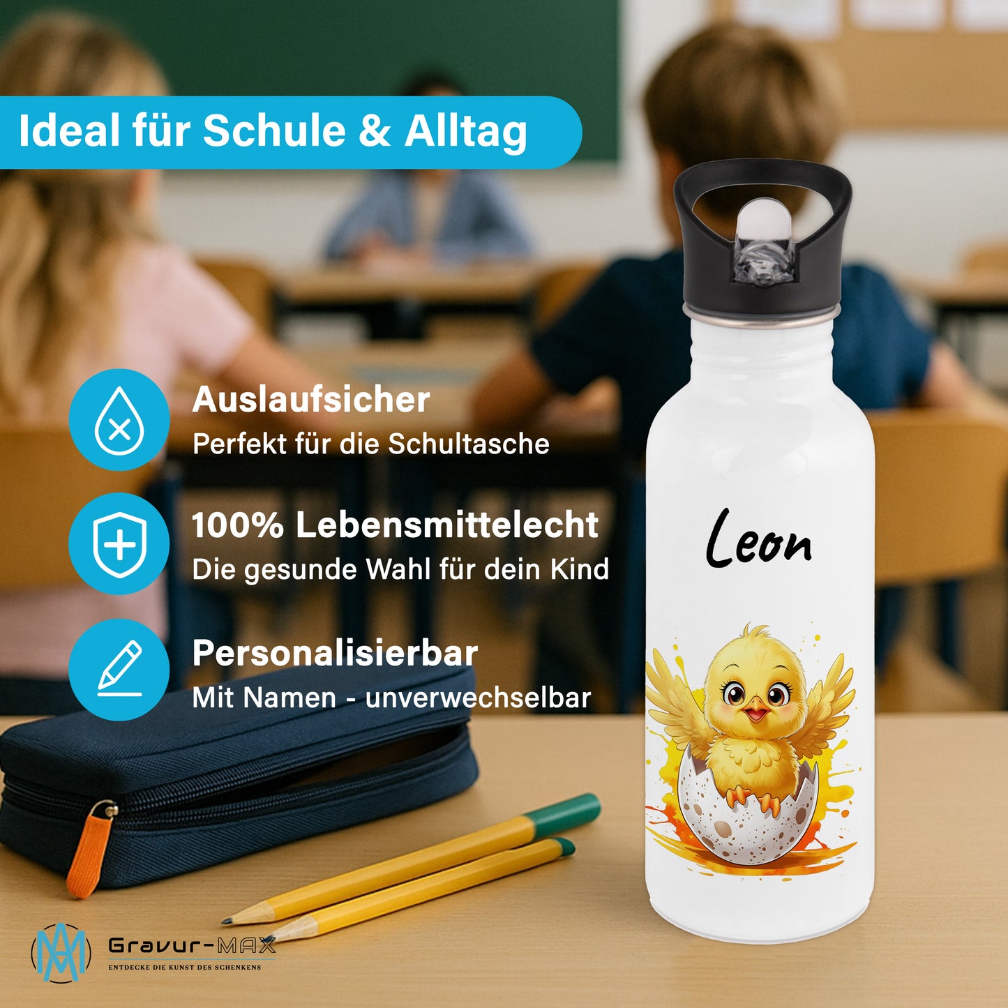 Trinkflasche mit Strohhalm in Weiß 600ml bedruckt mit niedlichen Tieren"Küken" personalisierbar für Kinder mit Wunschname aus Edelstahl
