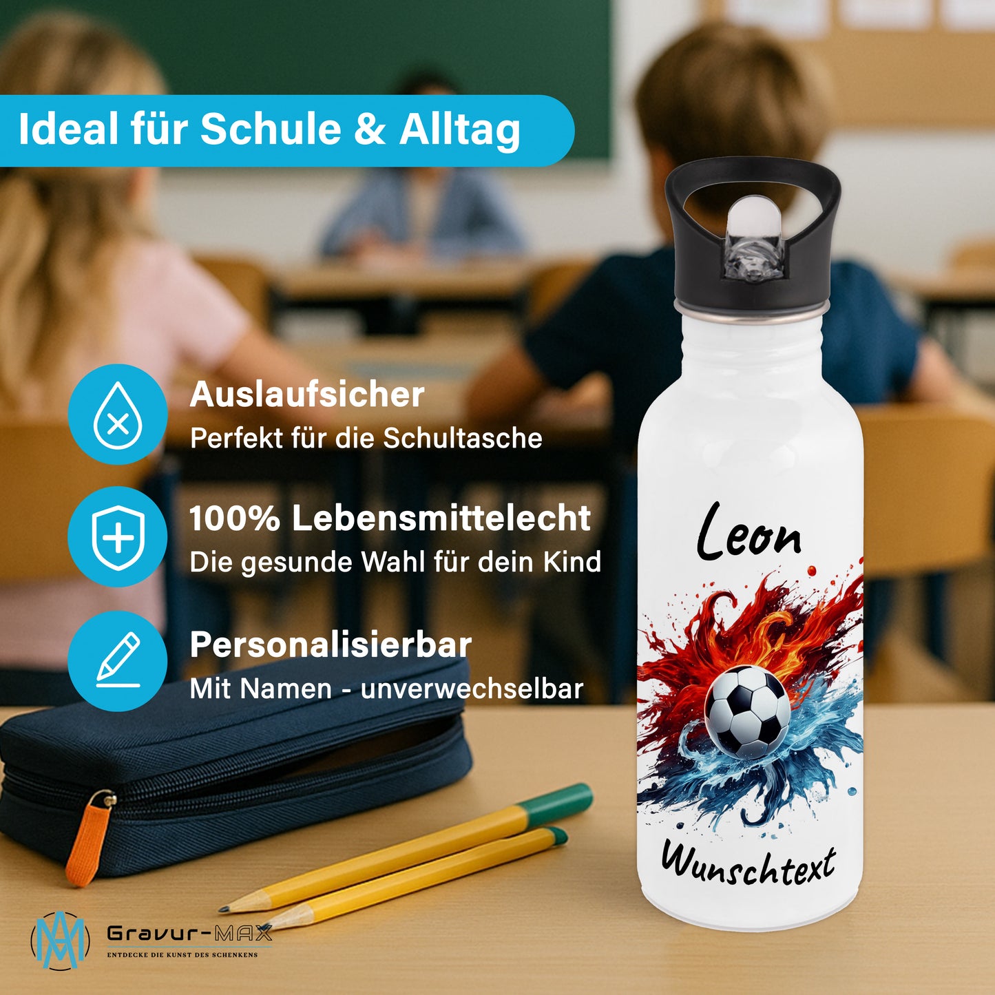 Trinkflasche mit Strohhalm in Weiß 600ml bedruckt mit Fußball Motiven"Motiv12" personalisierbar für Kinder mit Wunschname aus Edelstahl