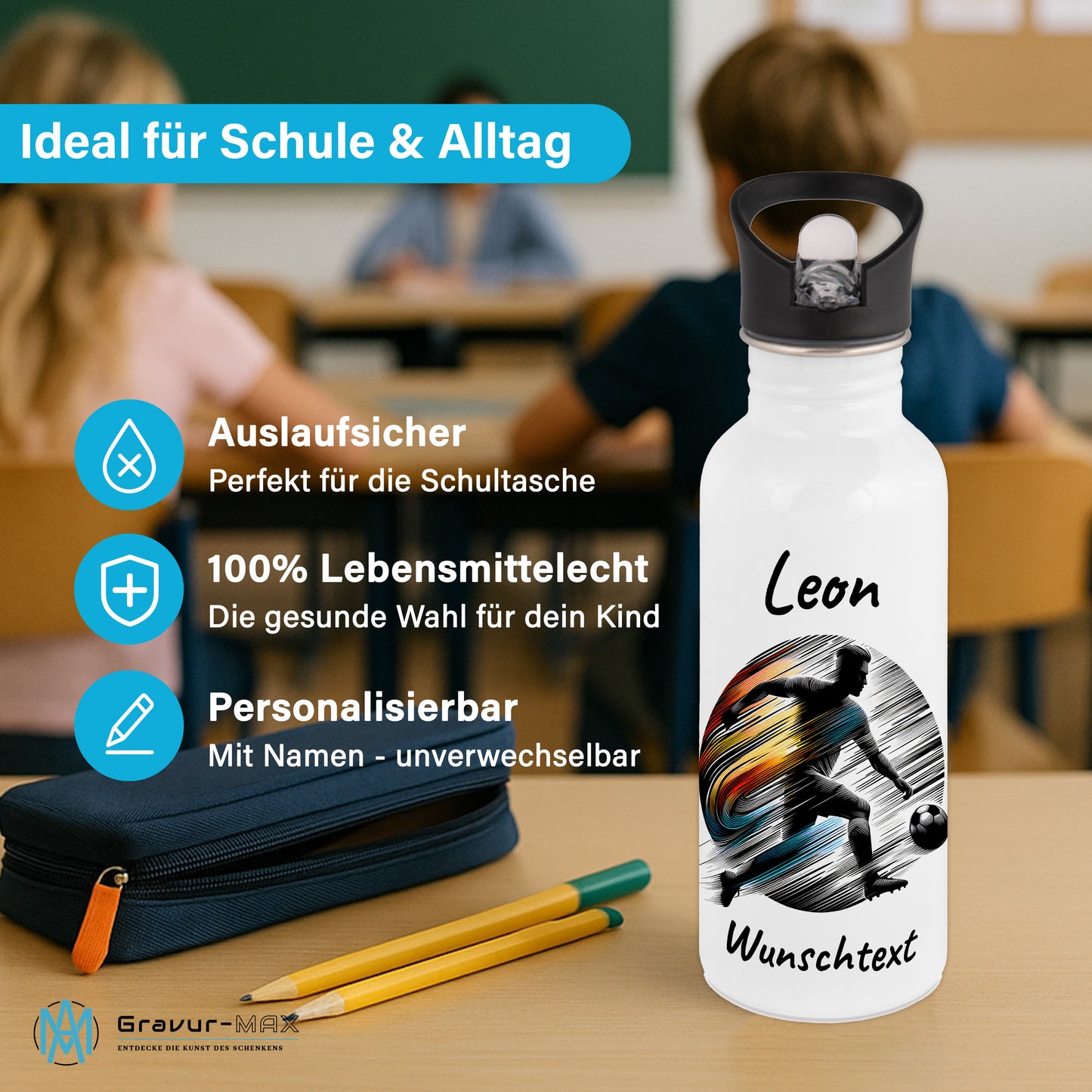 Trinkflasche mit Strohhalm in Weiß 600ml bedruckt mit Fußball Motiven"Motiv2" personalisierbar für Kinder mit Wunschname aus Edelstahl