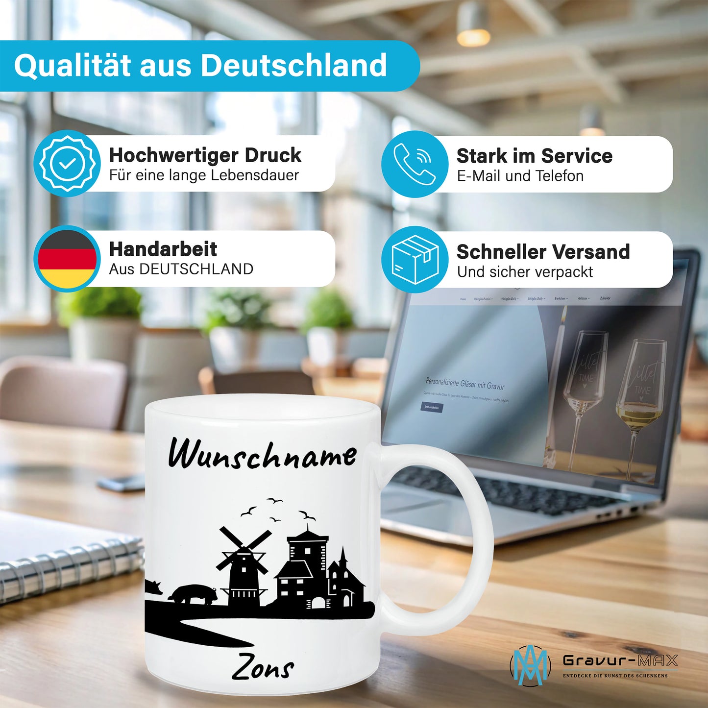 Tasse in Weiß 330ml bedruckt mit der Skyline von Zons (Dormagen) personalisierbar mit Wunschname