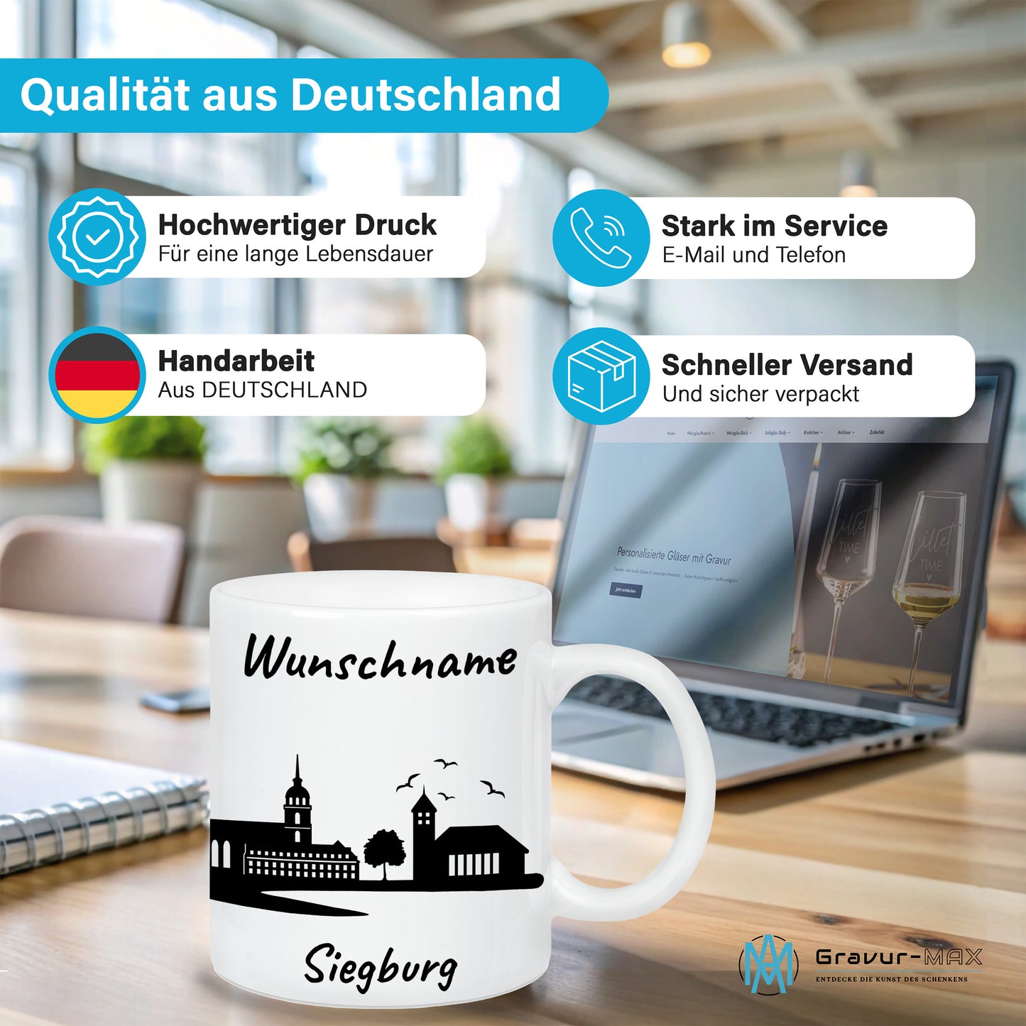 Tasse in Weiß 330ml bedruckt mit der Skyline von Siegburg personalisierbar mit Wunschname