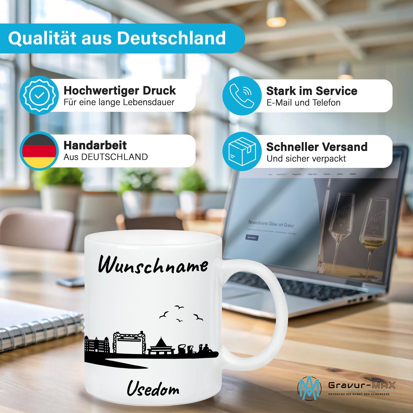 Tasse in Weiß 330ml bedruckt mit der Skyline von Usedom personalisierbar mit Wunschname