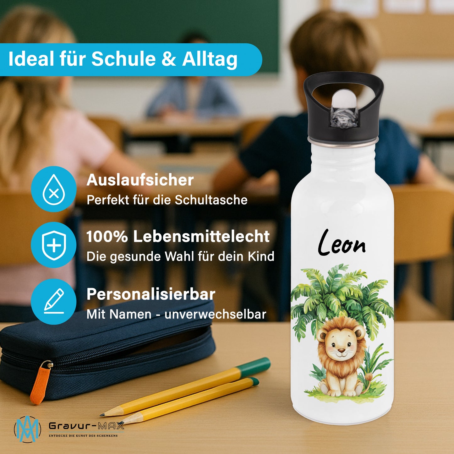 Trinkflasche mit Strohhalm in Weiß 600ml bedruckt mit Dschungel Tieren"Löwe" personalisierbar für Kinder mit Wunschname aus Edelstahl