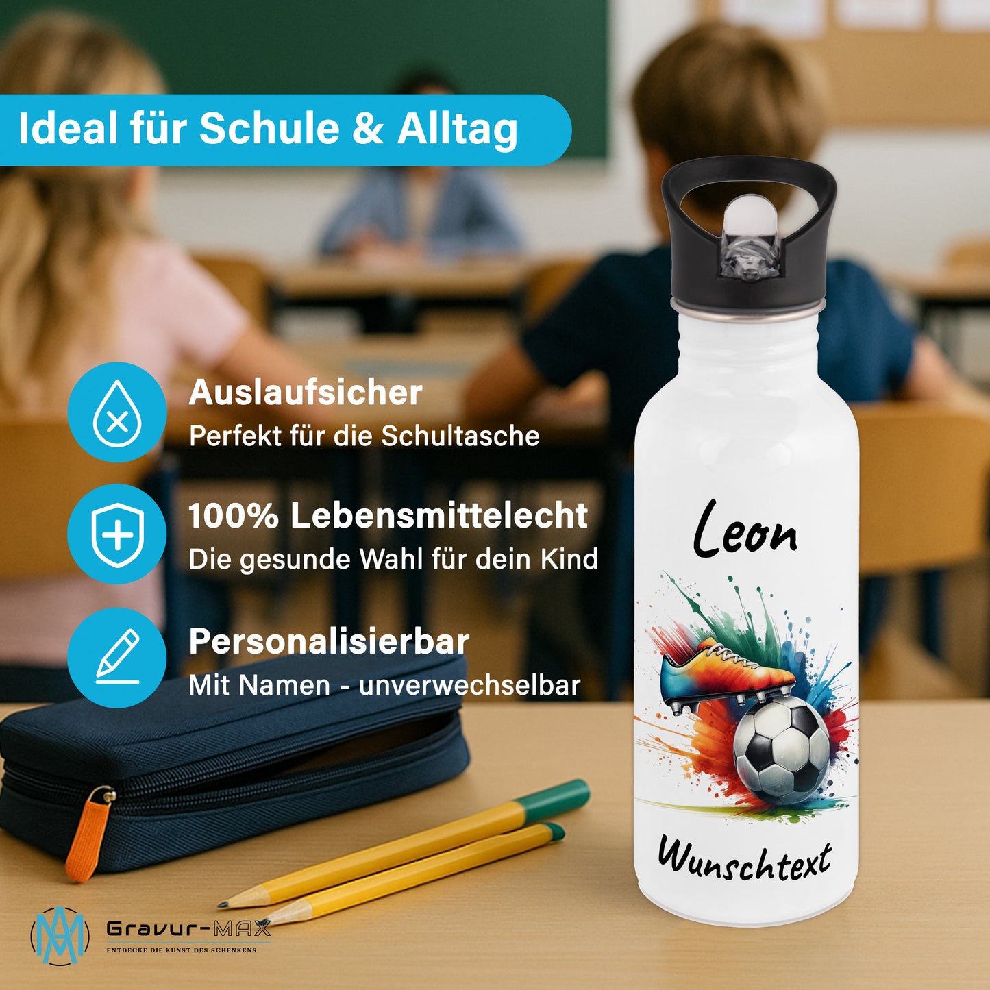 Trinkflasche mit Strohhalm in Weiß 600ml bedruckt mit Fußball Motiven"Motiv6" personalisierbar für Kinder mit Wunschname aus Edelstahl