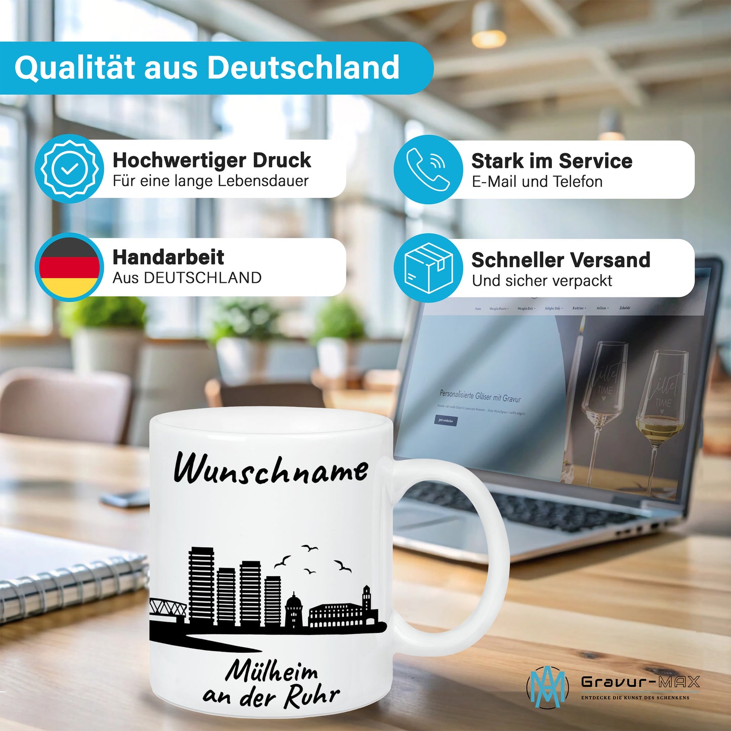 Tasse in Weiß 330ml bedruckt mit der Skyline von Mülheim an der Ruhr personalisierbar mit Wunschname