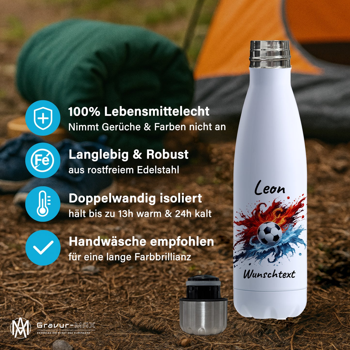 Thermoflasche 500ml in Weiß aus Edelstahl bedruckt "Fußball" Motiv12 personalisierbar mit Wunschname & Text
