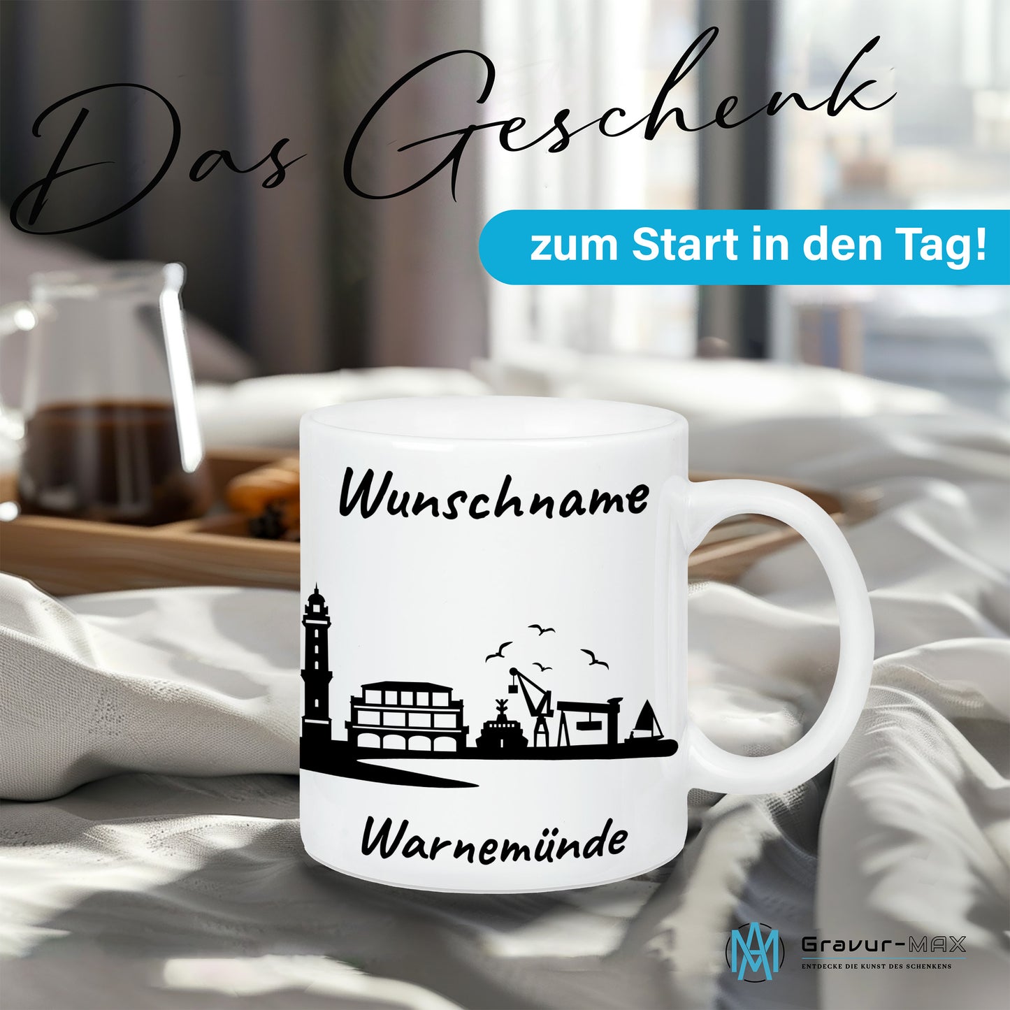 Tasse in Weiß 330ml bedruckt mit der Skyline von Warnemünde personalisierbar mit Wunschname