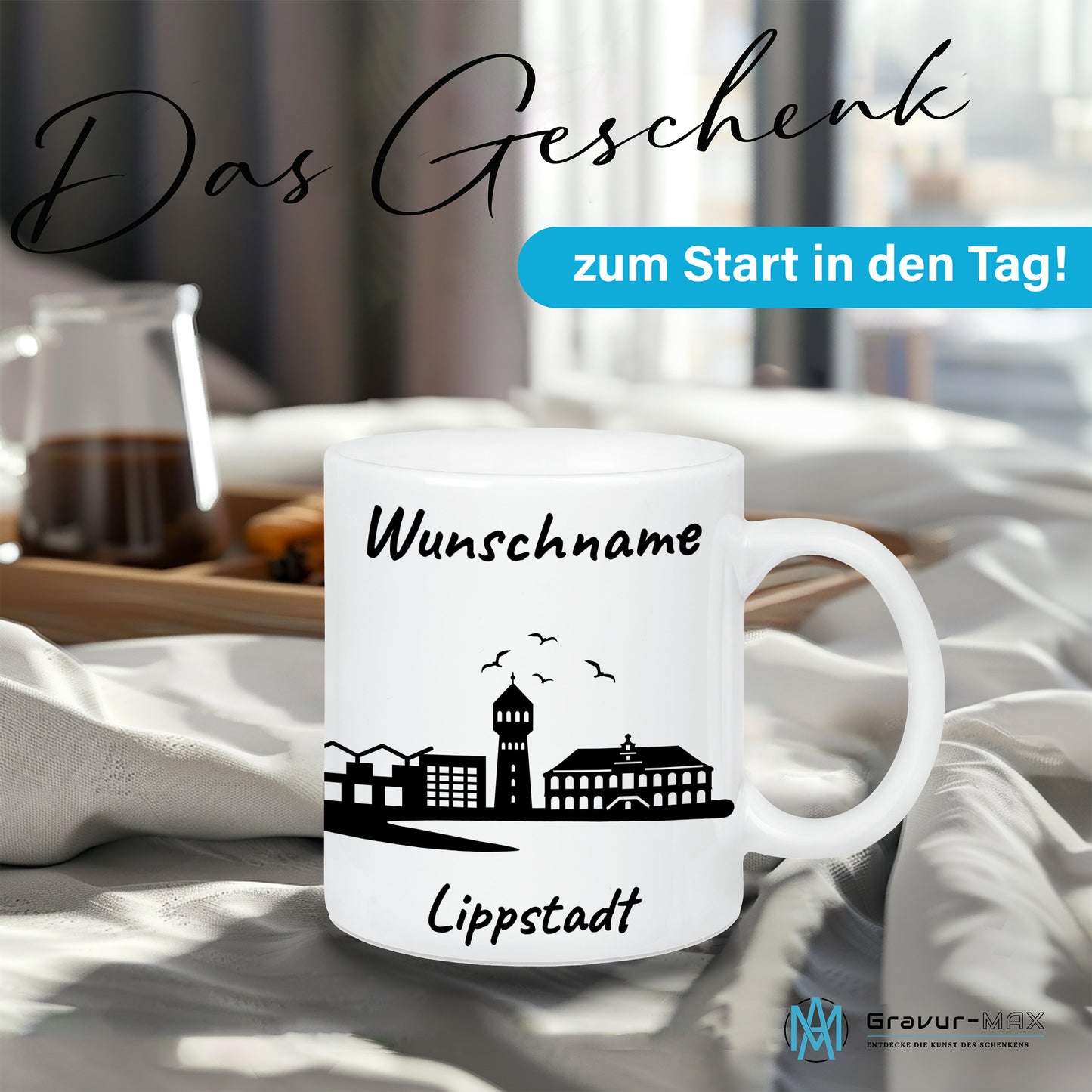 Tasse in Weiß 330ml bedruckt mit der Skyline von Lippstadt personalisierbar mit Wunschname