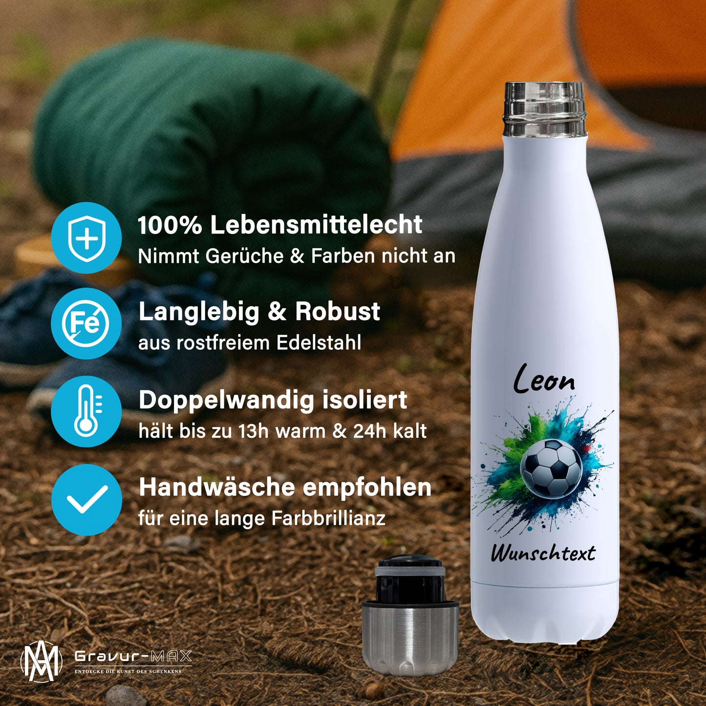Thermoflasche 500ml in Weiß aus Edelstahl bedruckt "Fußball" Motiv8 personalisierbar mit Wunschname & Text