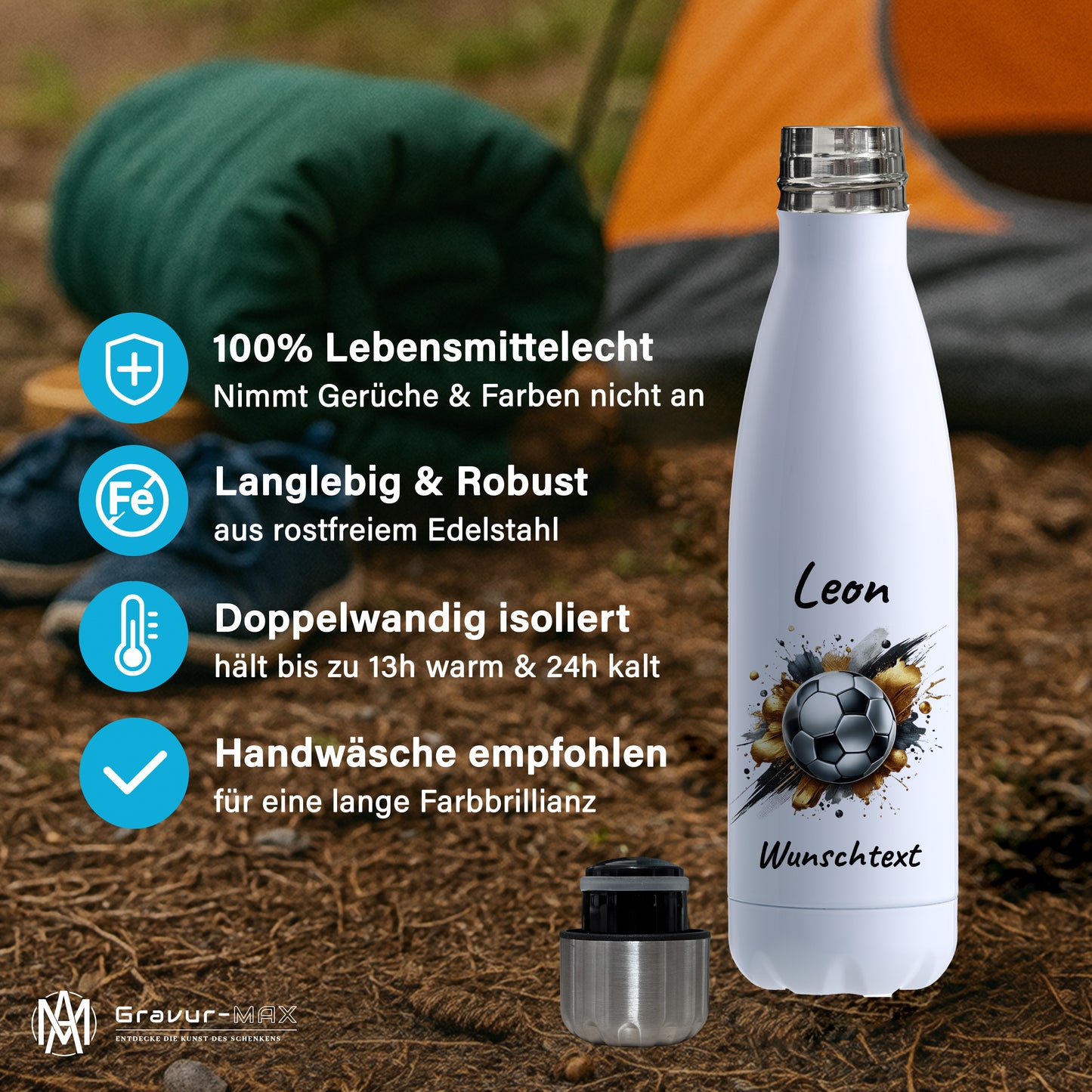 Thermoflasche 500ml in Weiß aus Edelstahl bedruckt "Fußball" Motiv13 personalisierbar mit Wunschname & Text