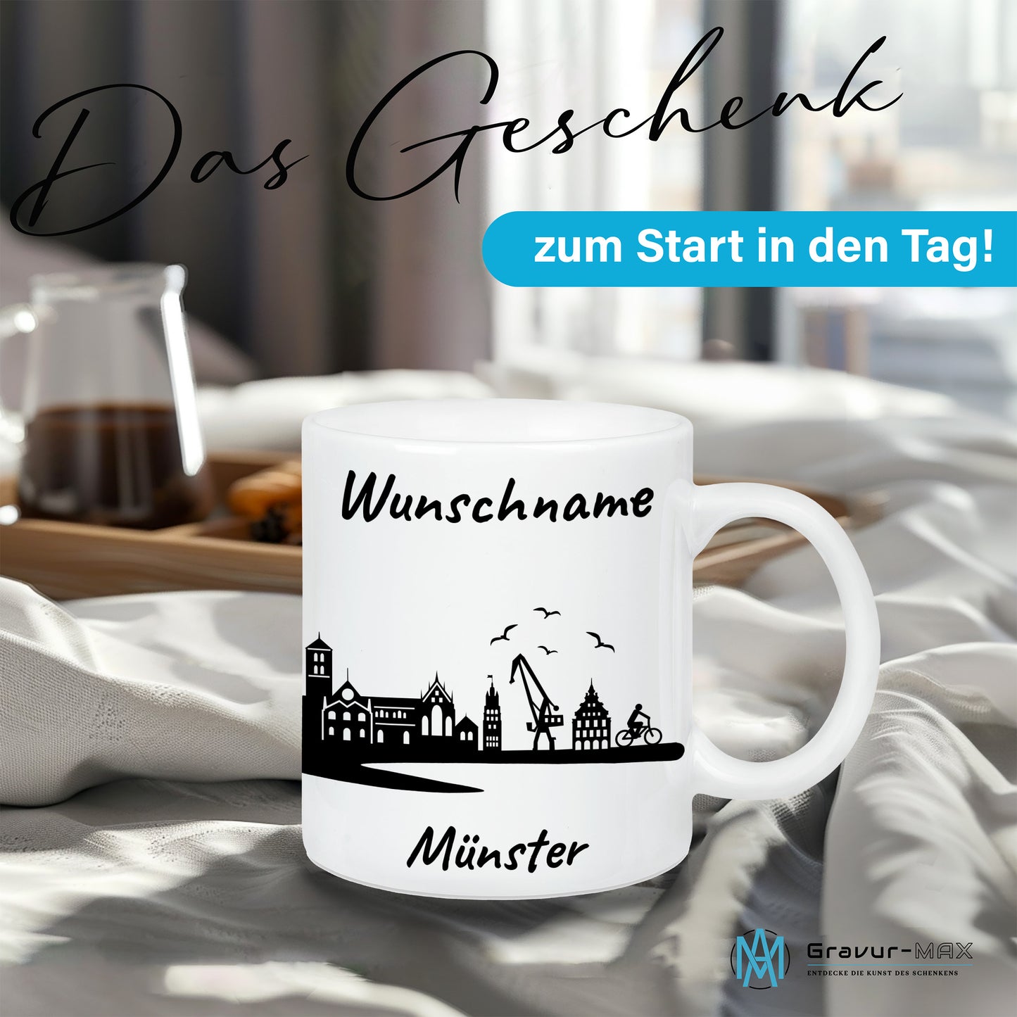 Tasse in Weiß 330ml bedruckt mit der Skyline von Münster personalisierbar mit Wunschname