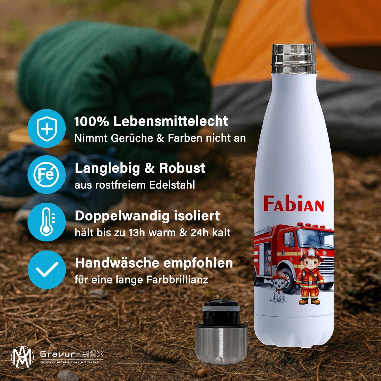 Thermoflasche 500ml in Weiß bedruckt mit tollen Motiven für Kinder "Feuerwehr" personalisierbar mit Wunschname