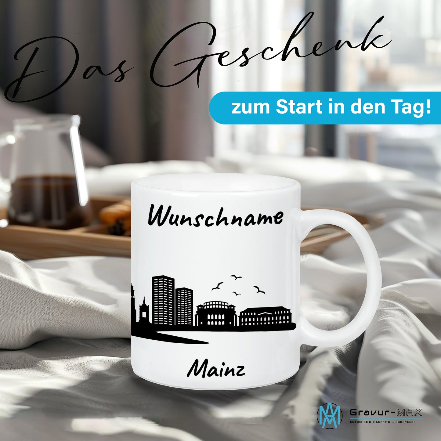 Tasse in Weiß 330ml bedruckt mit der Skyline von Mainz personalisierbar mit Wunschname