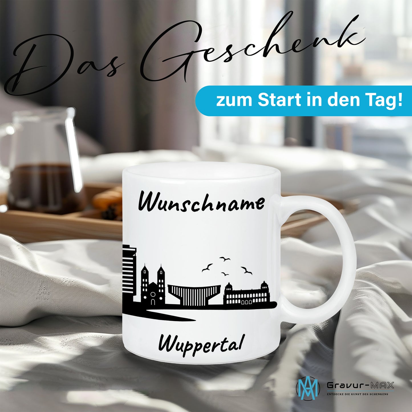 Tasse in Weiß 330ml bedruckt mit der Skyline von Wuppertal personalisierbar mit Wunschname