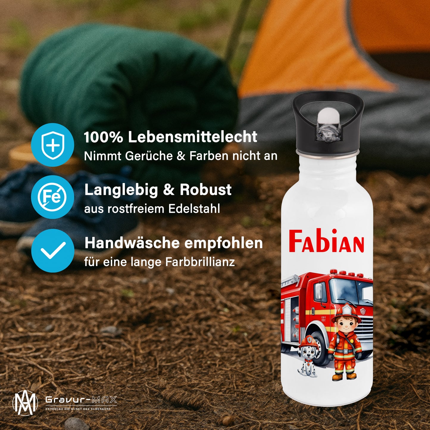 Trinkflasche mit Strohhalm in Weiß 600ml bedruckt mit tollen Motiven für Kinder "Feuerwehr" personalisierbar für Kinder mit Wunschname aus Edelstahl