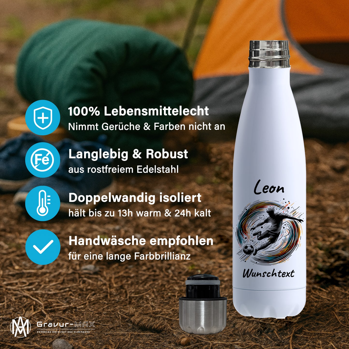Thermoflasche 500ml in Weiß aus Edelstahl bedruckt "Fußball" Motiv1 personalisierbar mit Wunschname & Text