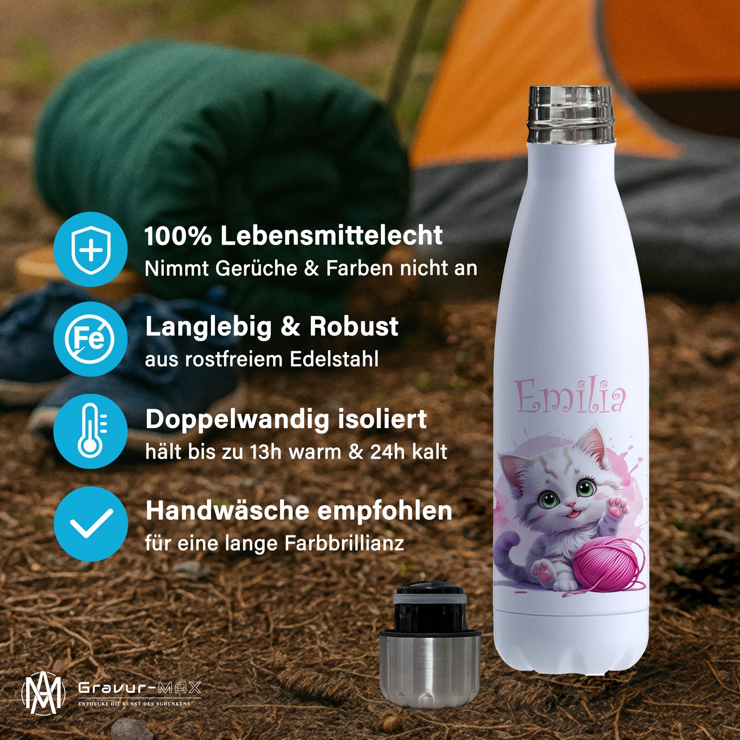 Trinkflasche in Weiß 500ml aus Edelstahl bedruckt mit niedlichen Tieren "Katze" personalisierbar für Kinder mit Wunschname