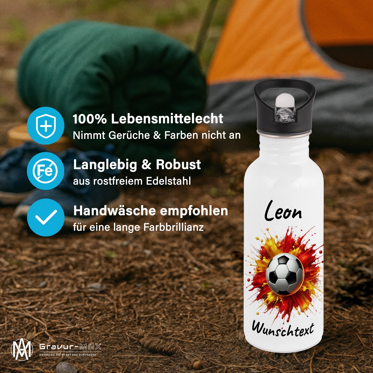 Trinkflasche mit Strohhalm in Weiß 600ml bedruckt mit Fußball Motiven"Motiv9" personalisierbar für Kinder mit Wunschname aus Edelstahl