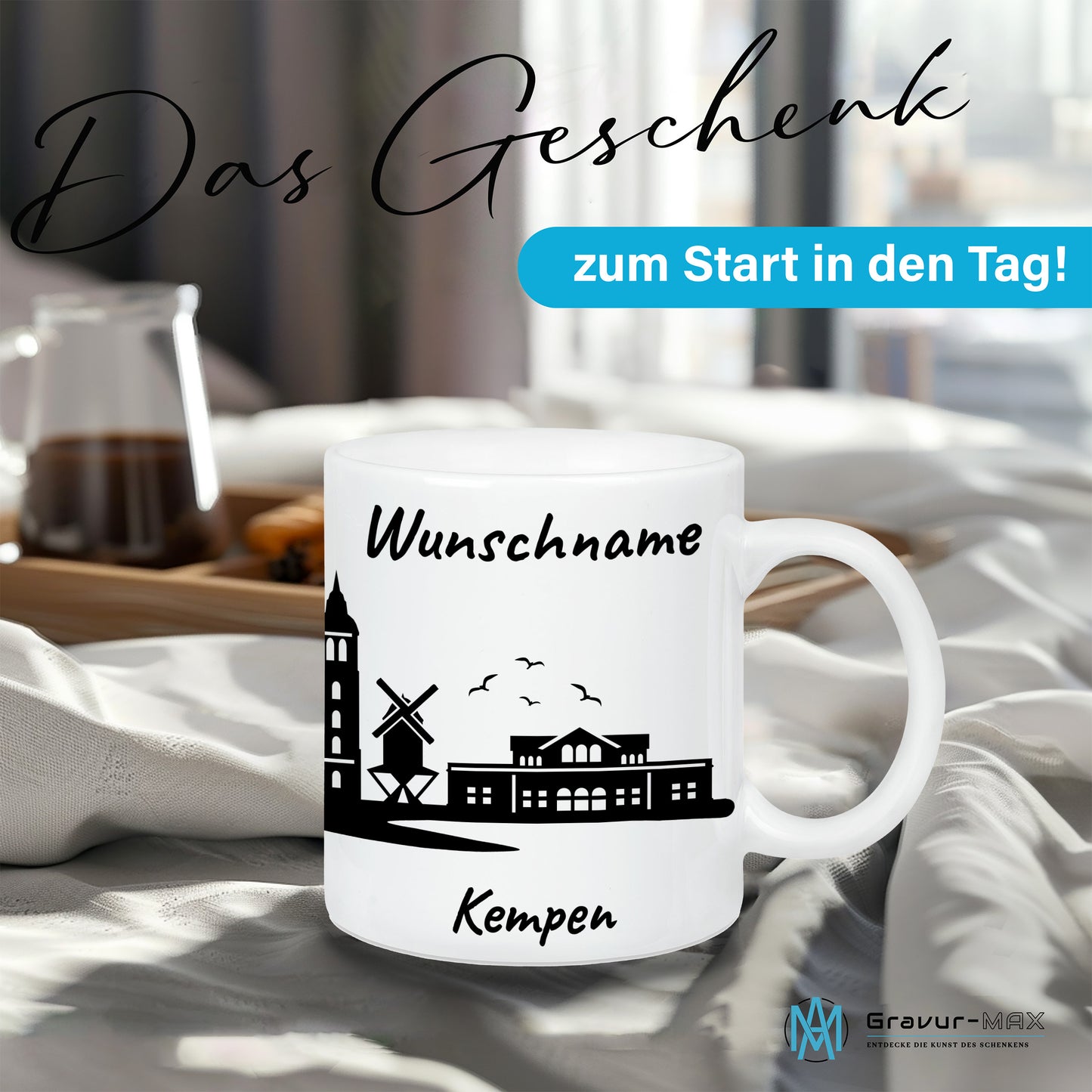 Tasse in Weiß 330ml bedruckt mit der Skyline von Kempen personalisierbar mit Wunschname