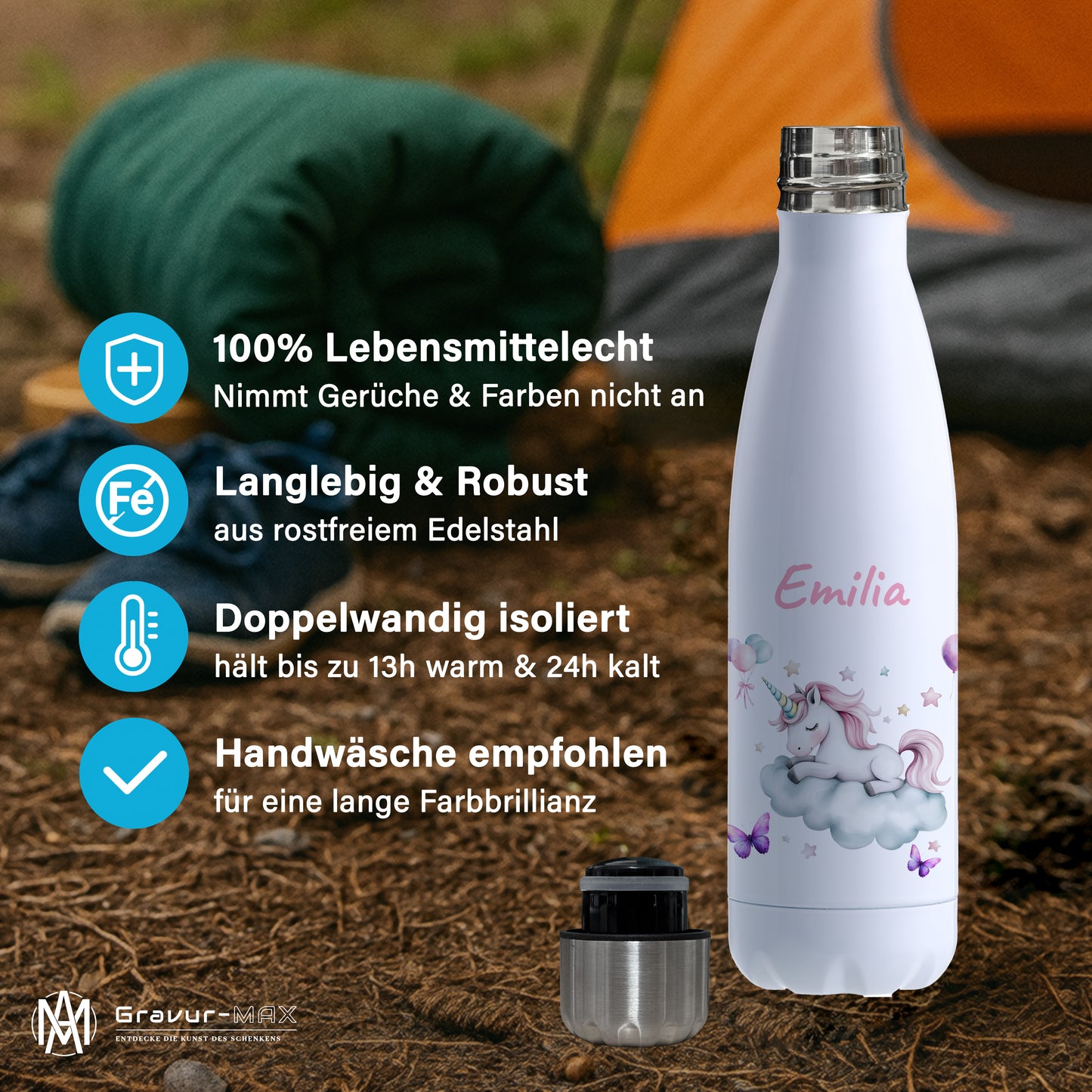 Thermoflasche 500ml in Weiß bedruckt mit tollen Motiven für Kinder "Einhorn Wolke" personalisierbar mit Wunschname