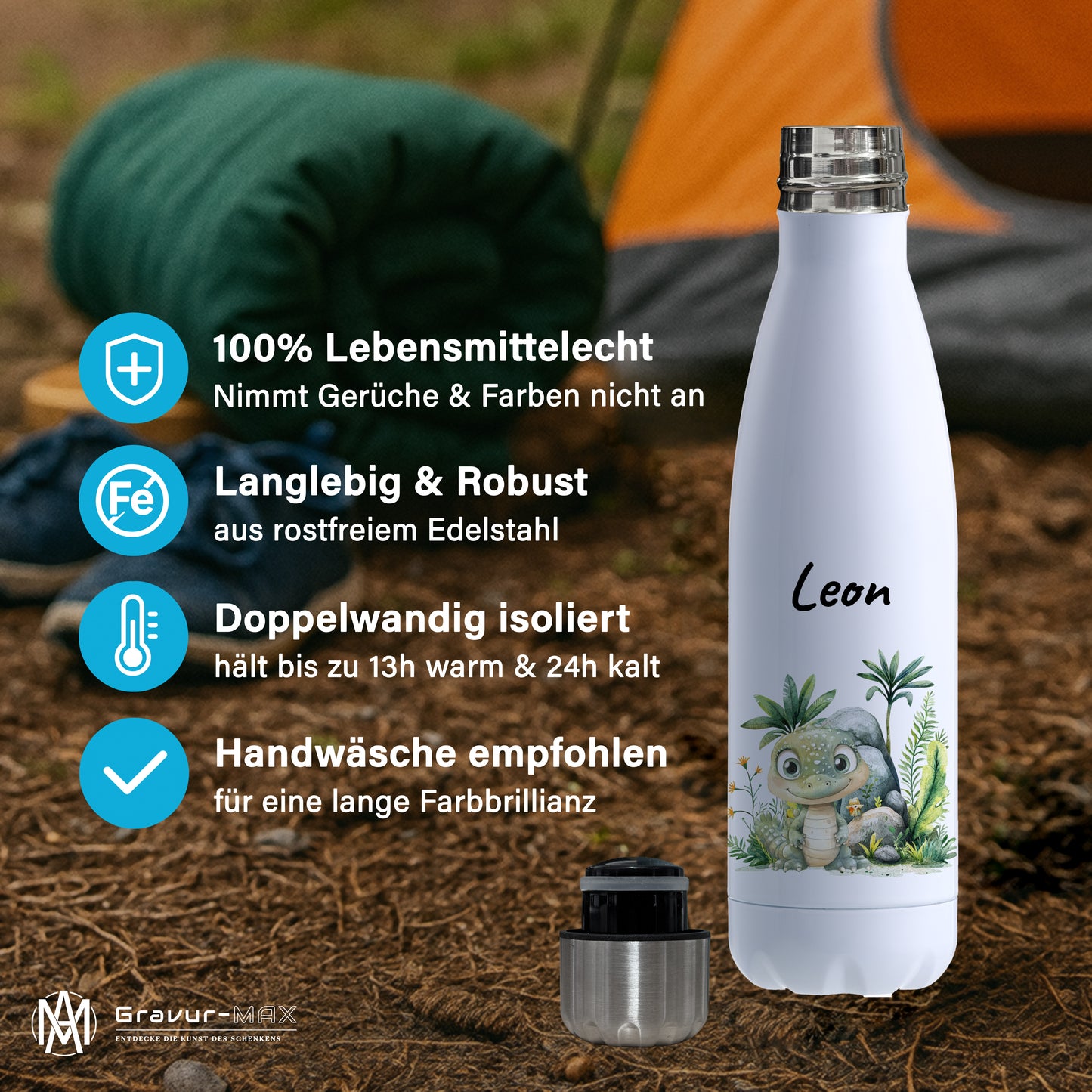Trinkflasche in Weiß 500ml aus Edelstahl bedruckt mit Dschungel Tieren"Krokodil" personalisierbar für Kinder mit Wunschname