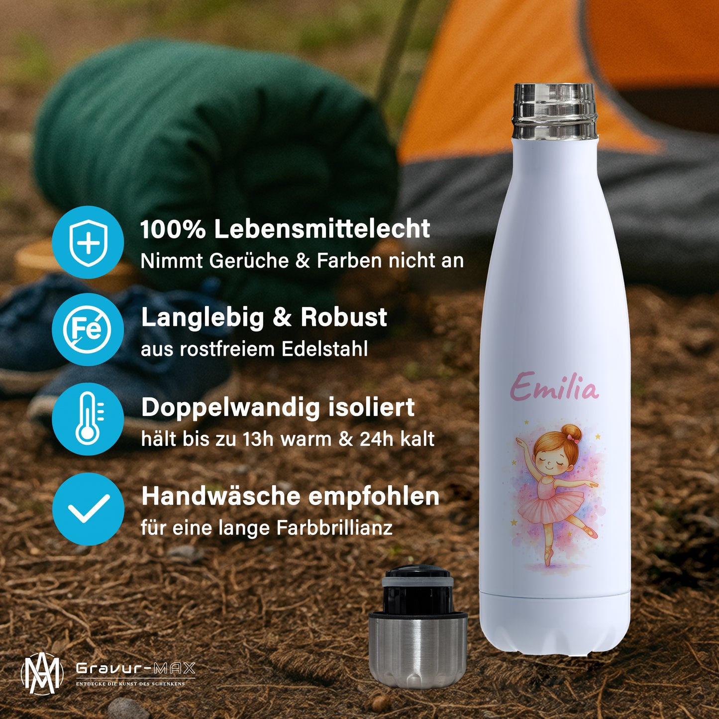 Thermoflasche 500ml in Weiß bedruckt mit tollen Motiven für Kinder "Ballerina" personalisierbar mit Wunschname