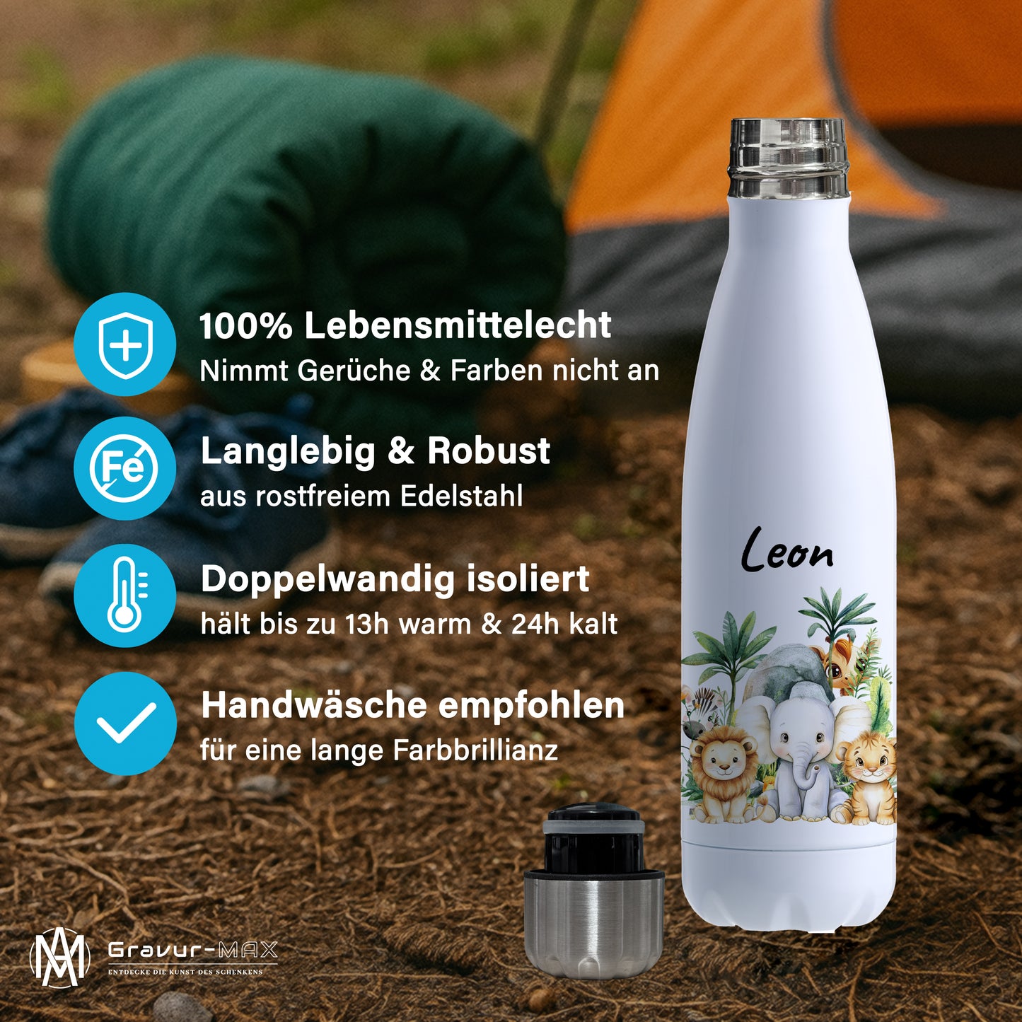 Trinkflasche in Weiß 500ml aus Edelstahl bedruckt mit Dschungel Tieren"Dschungel Tiere" personalisierbar für Kinder mit Wunschname