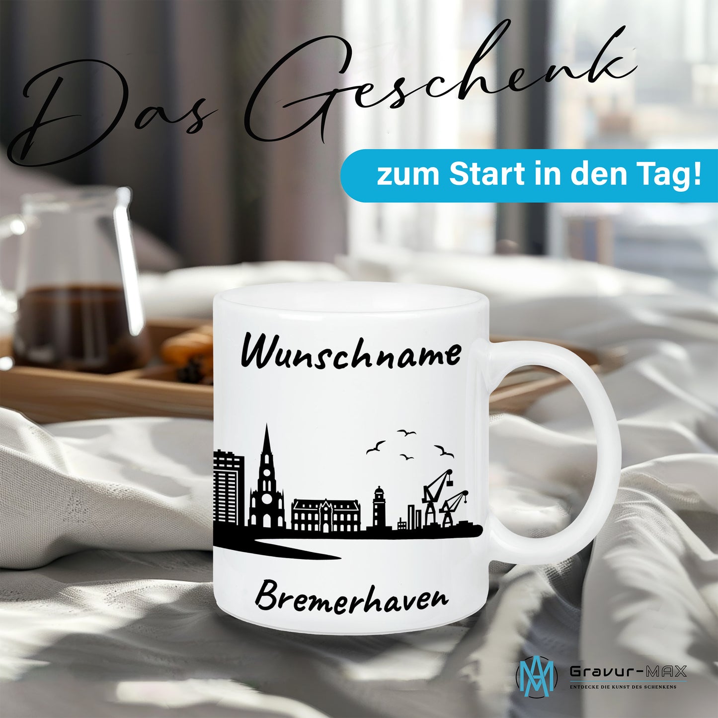 Tasse in Weiß 330ml bedruckt mit der Skyline von Bremerhaven personalisierbar mit Wunschname