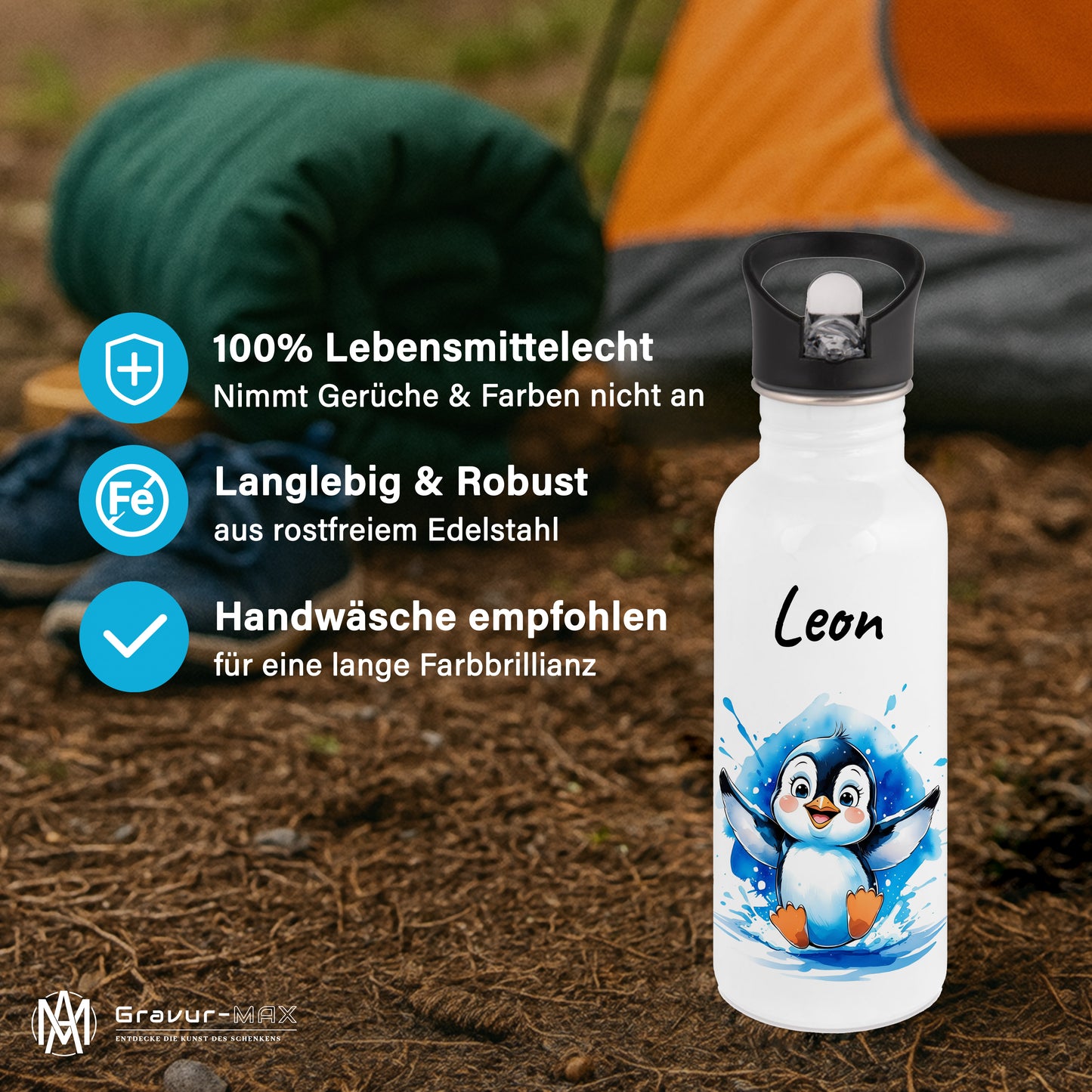 Trinkflasche mit Strohhalm in Weiß 600ml bedruckt mit niedlichen Tieren"Pinguin" personalisierbar für Kinder mit Wunschname aus Edelstahl