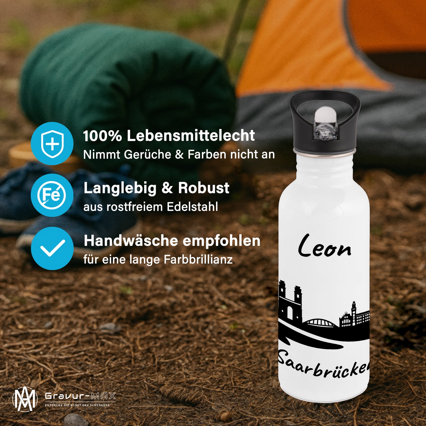 Trinkflasche in Weiß 600ml aus Edelstahl bedruckt mit der Skyline von Saarbrücken personalisierbar mit Wunschname