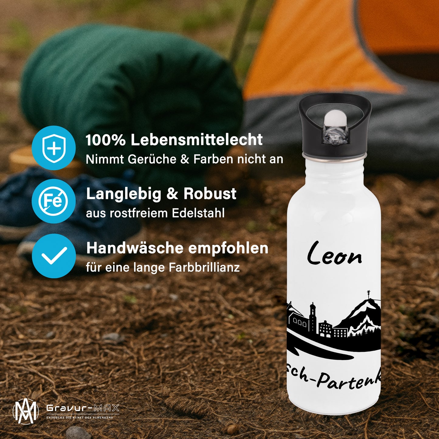Trinkflasche in Weiß 600ml aus Edelstahl bedruckt mit der Skyline von Garmisch-Partenkirchen personalisierbar mit Wunschname