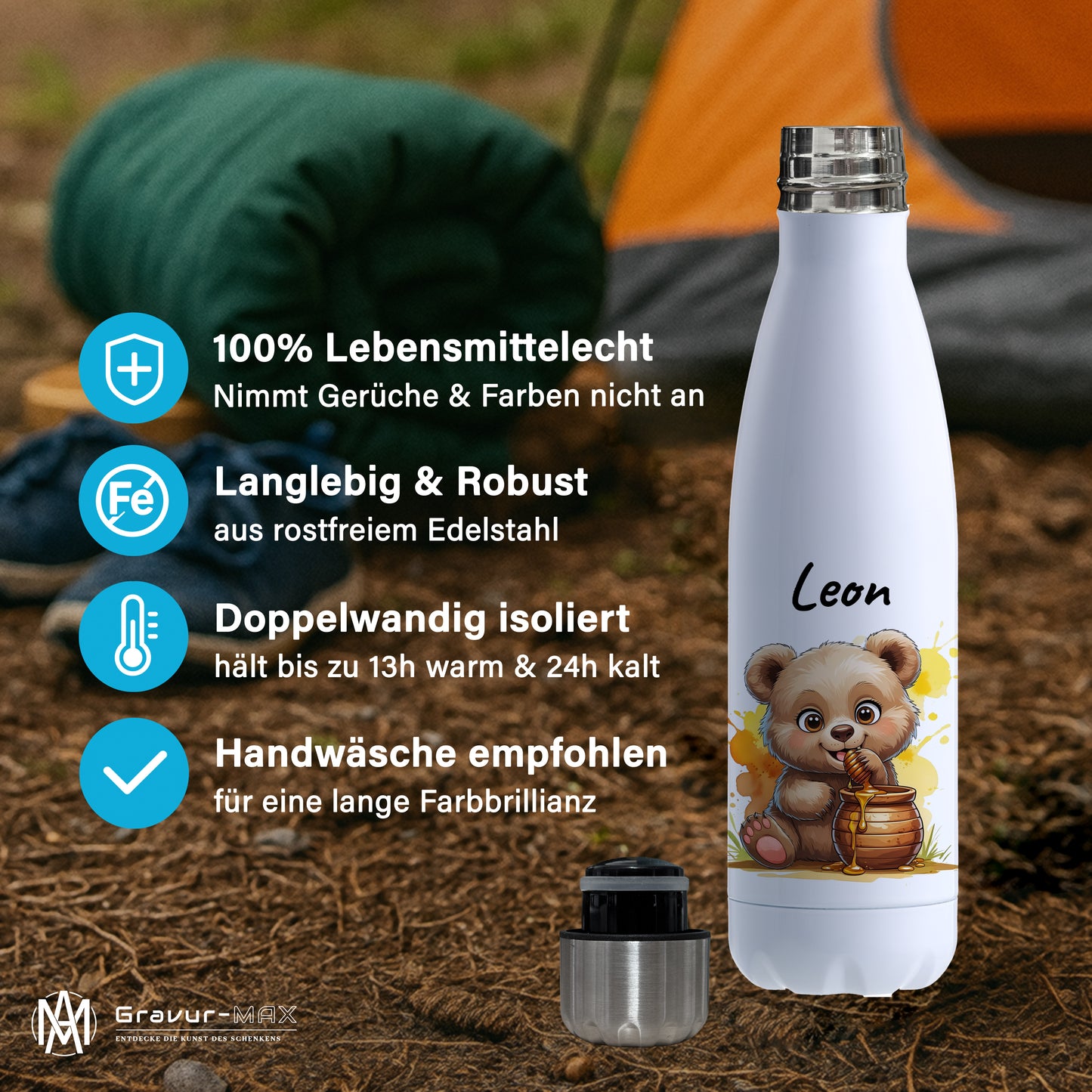 Trinkflasche in Weiß 500ml aus Edelstahl bedruckt mit niedlichen Tieren "Bär" personalisierbar für Kinder mit Wunschname