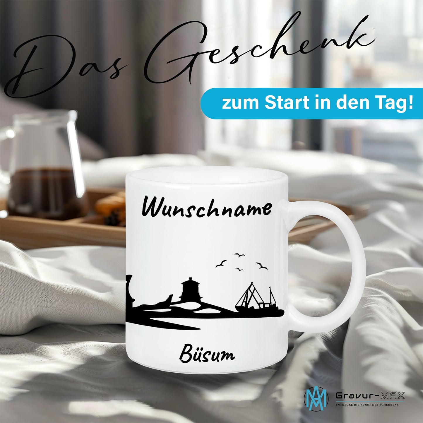 Tasse in Weiß 330ml bedruckt mit der Skyline von Büsum personalisierbar mit Wunschname