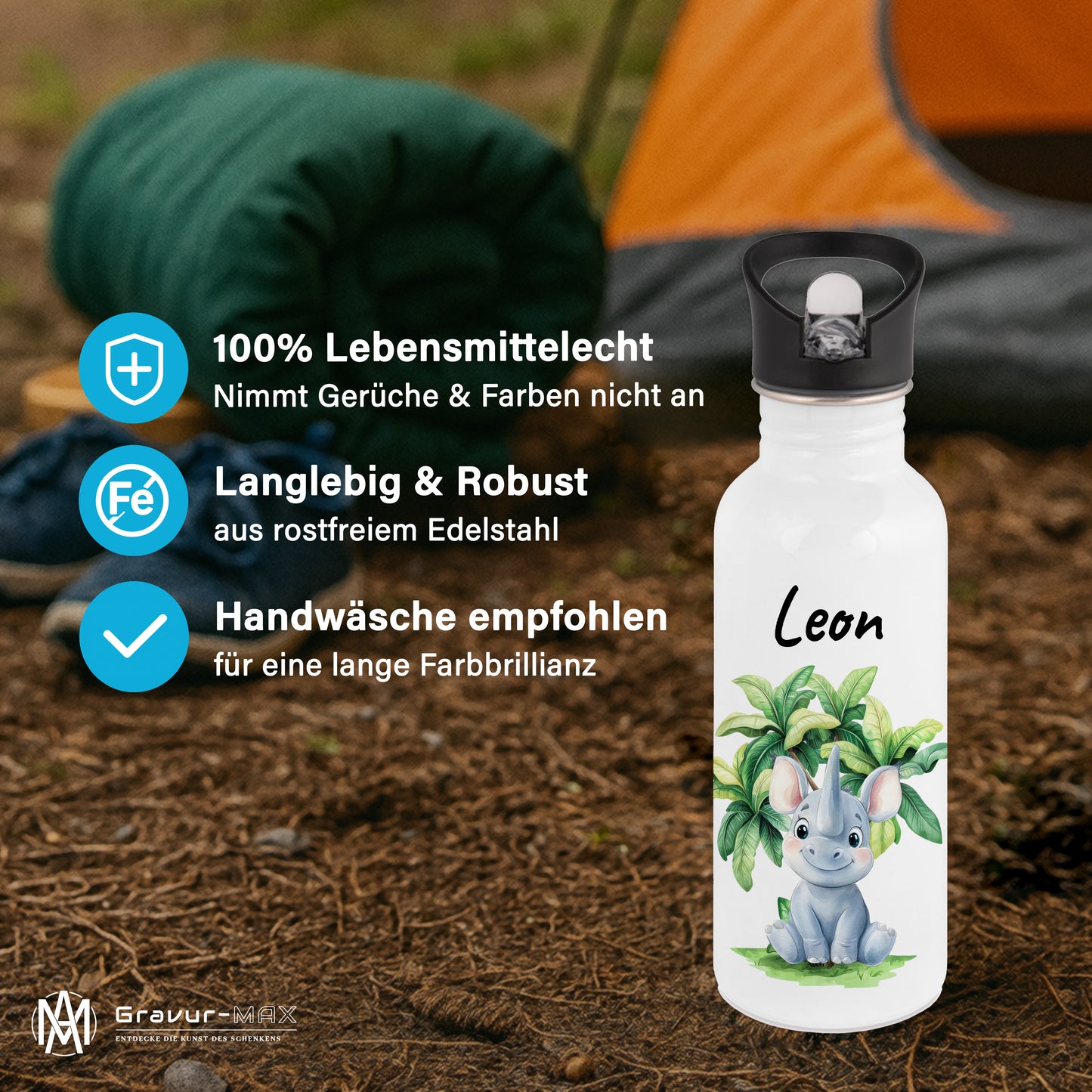 Trinkflasche mit Strohhalm in Weiß 600ml bedruckt mit Dschungel Tieren"Nashorn" personalisierbar für Kinder mit Wunschname aus Edelstahl