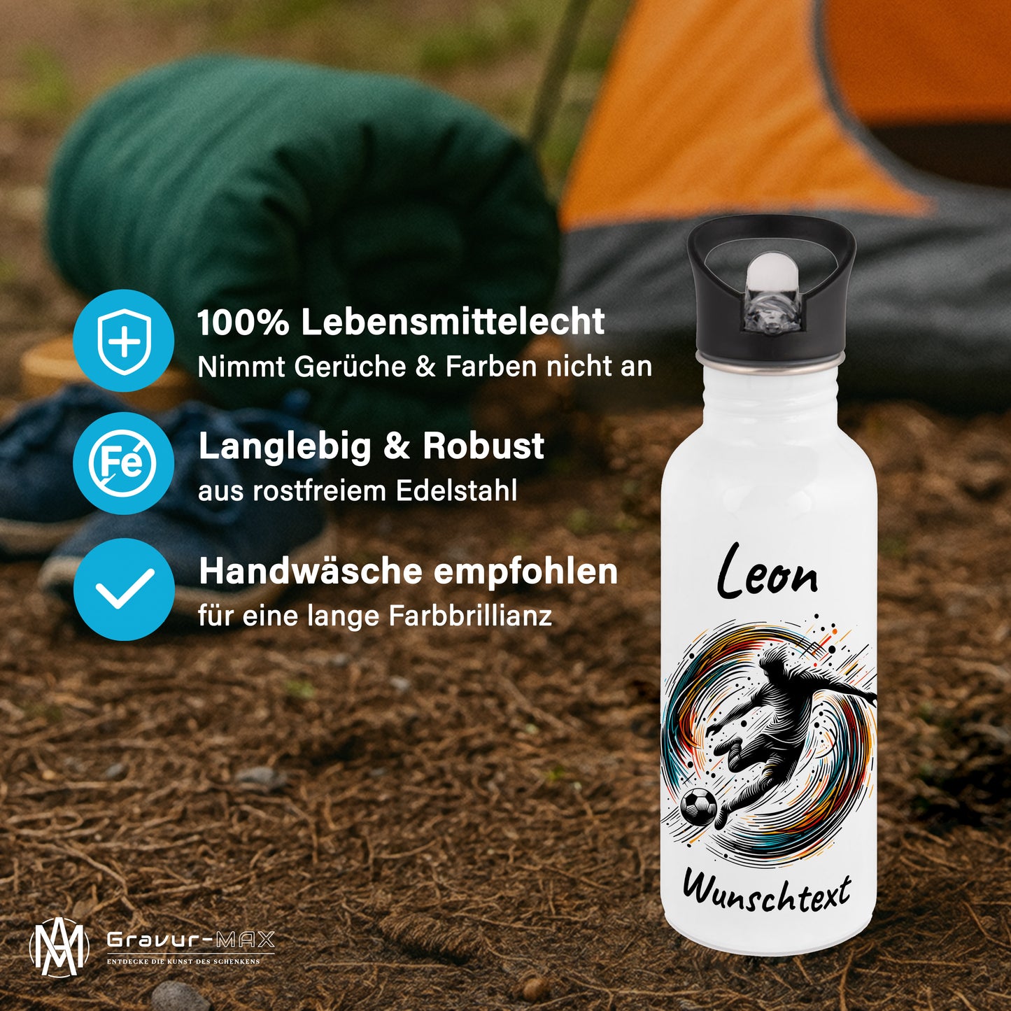 Trinkflasche mit Strohhalm in Weiß 600ml bedruckt mit Fußball Motiven"Motiv1" personalisierbar für Kinder mit Wunschname aus Edelstahl