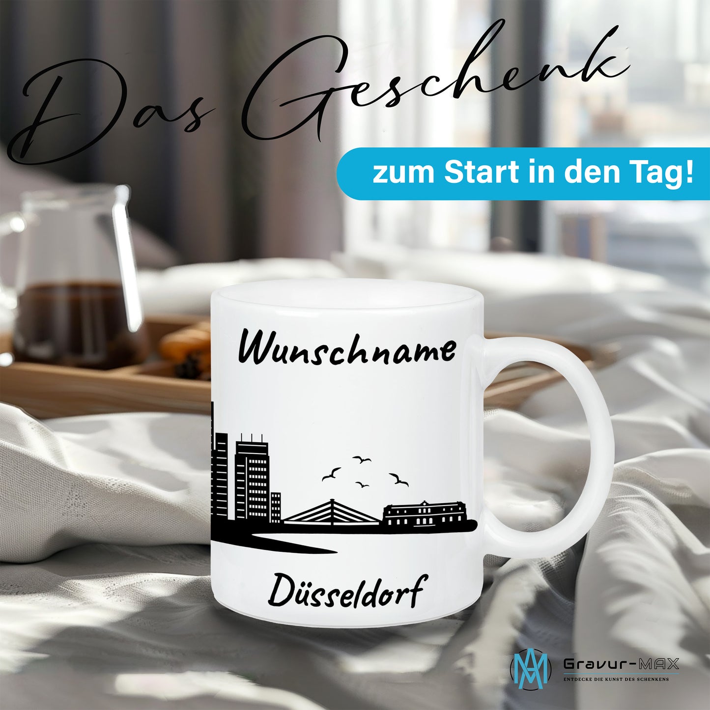 Tasse in Weiß 330ml bedruckt mit der Skyline von Düsseldorf personalisierbar mit Wunschname