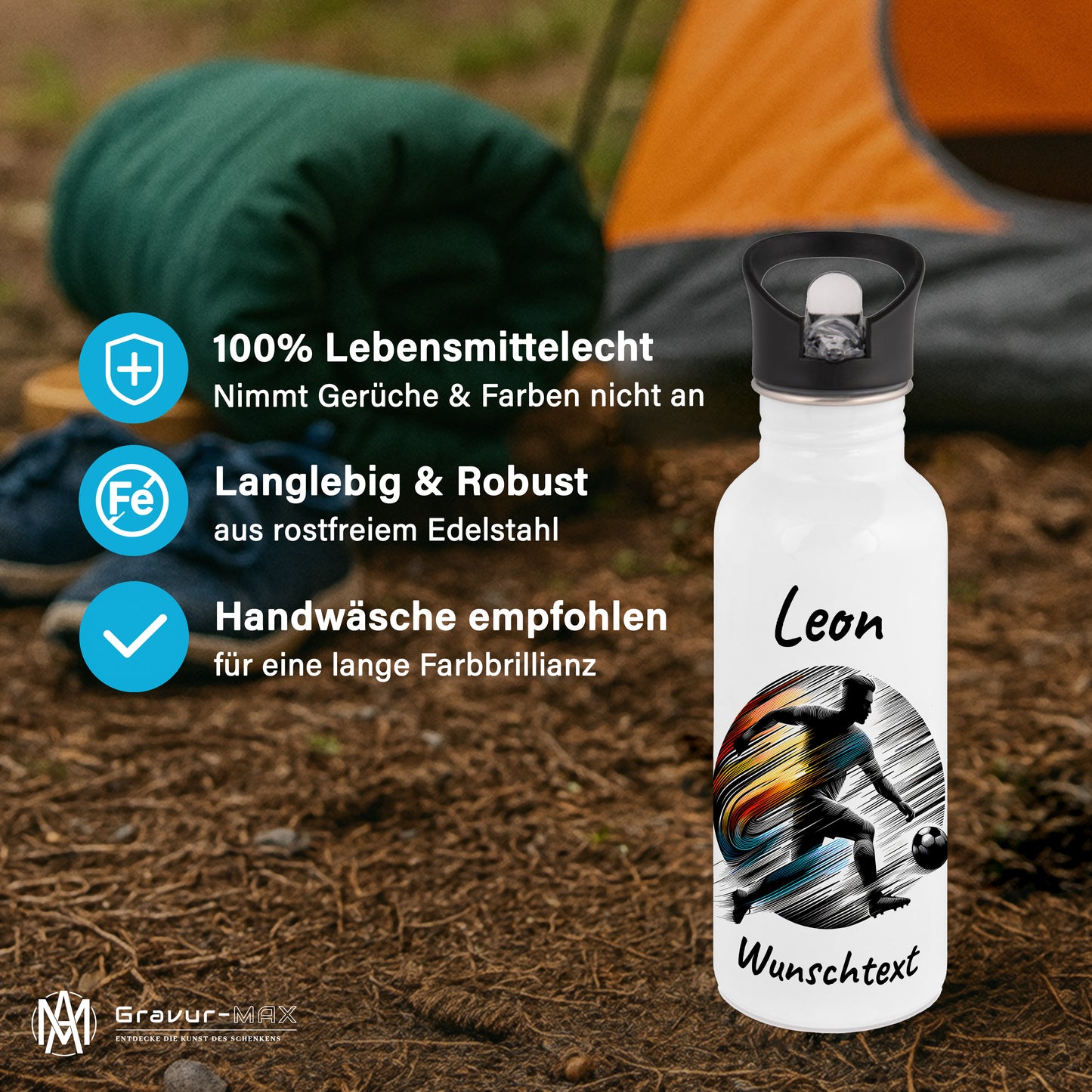 Trinkflasche mit Strohhalm in Weiß 600ml bedruckt mit Fußball Motiven"Motiv2" personalisierbar für Kinder mit Wunschname aus Edelstahl