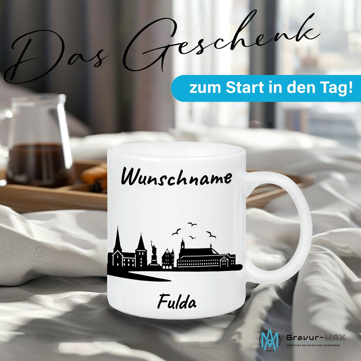Tasse in Weiß 330ml bedruckt mit der Skyline von Fulda personalisierbar mit Wunschname