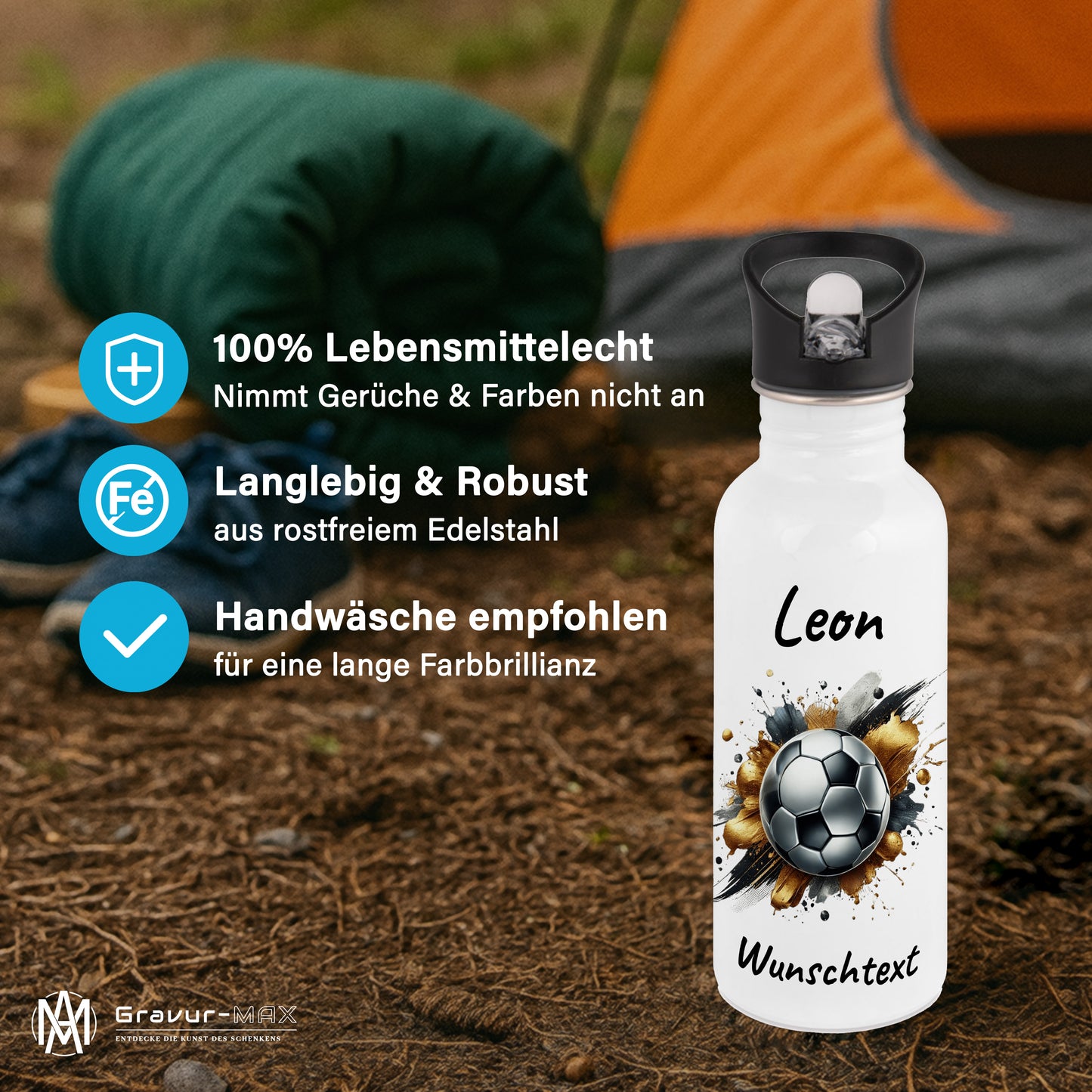 Trinkflasche mit Strohhalm in Weiß 600ml bedruckt mit Fußball Motiven"Motiv13" personalisierbar für Kinder mit Wunschname aus Edelstahl