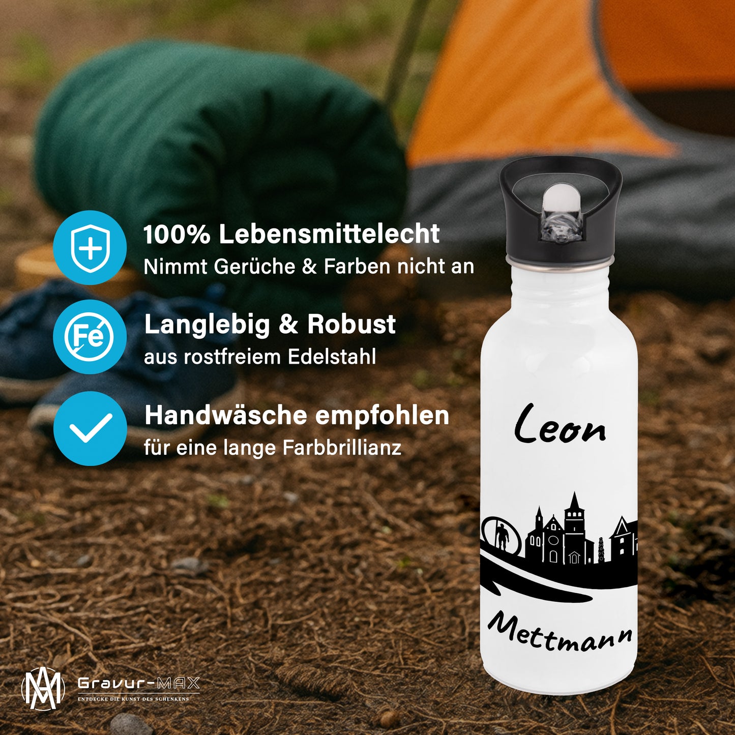 Trinkflasche in Weiß 600ml aus Edelstahl bedruckt mit der Skyline von Mettmann personalisierbar mit Wunschname