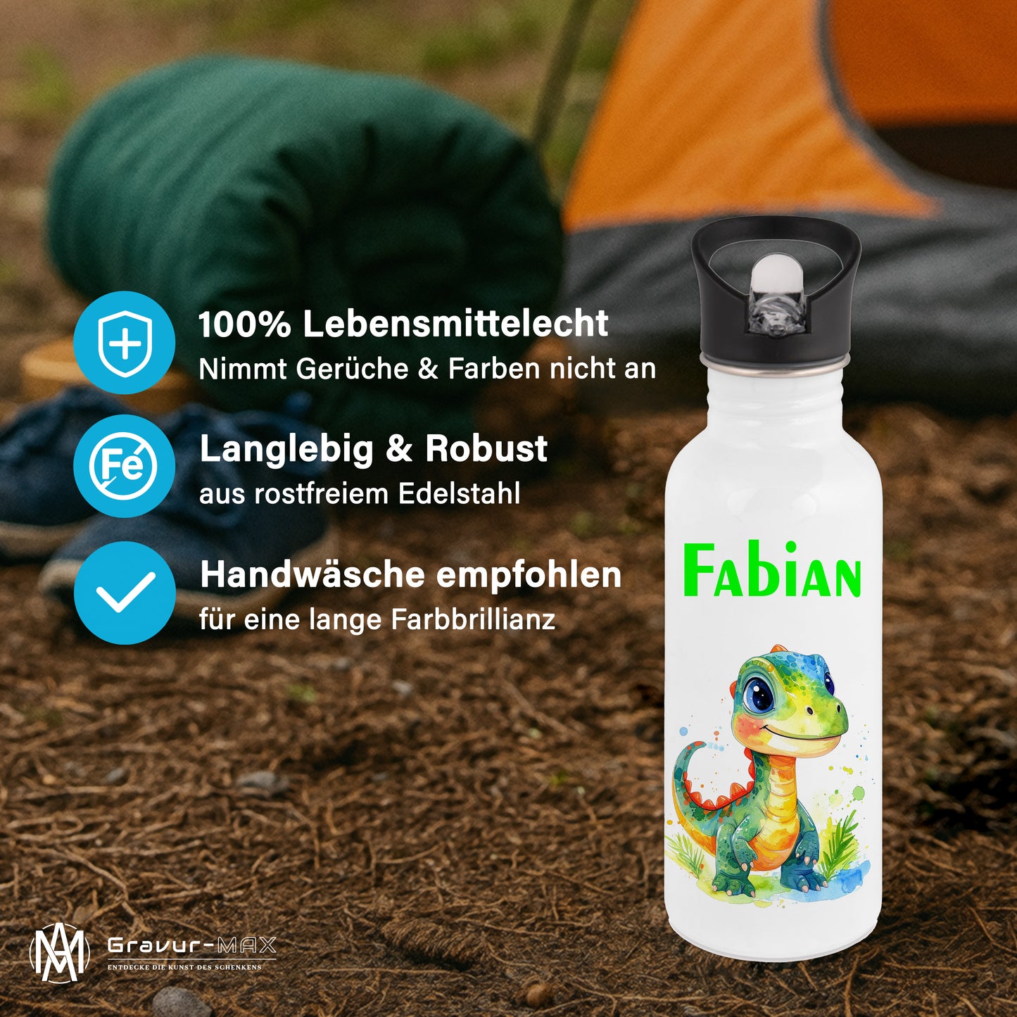 Trinkflasche mit Strohhalm in Weiß 600ml bedruckt mit tollen Motiven für Kinder "Dino Kinder" personalisierbar für Kinder mit Wunschname aus Edelstahl
