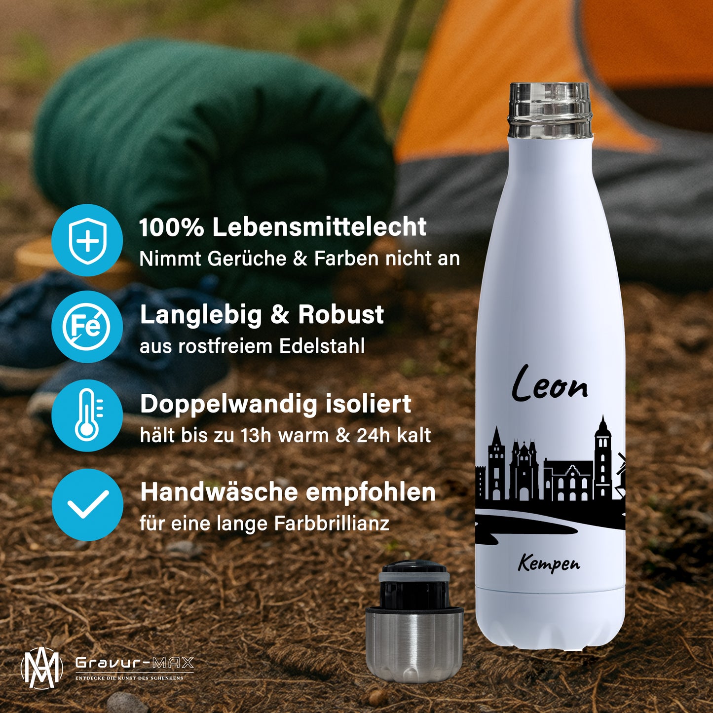 Trinkflasche in Weiß 500ml aus Edelstahl bedruckt mit der Skyline von Kempen personalisierbar mit Wunschname