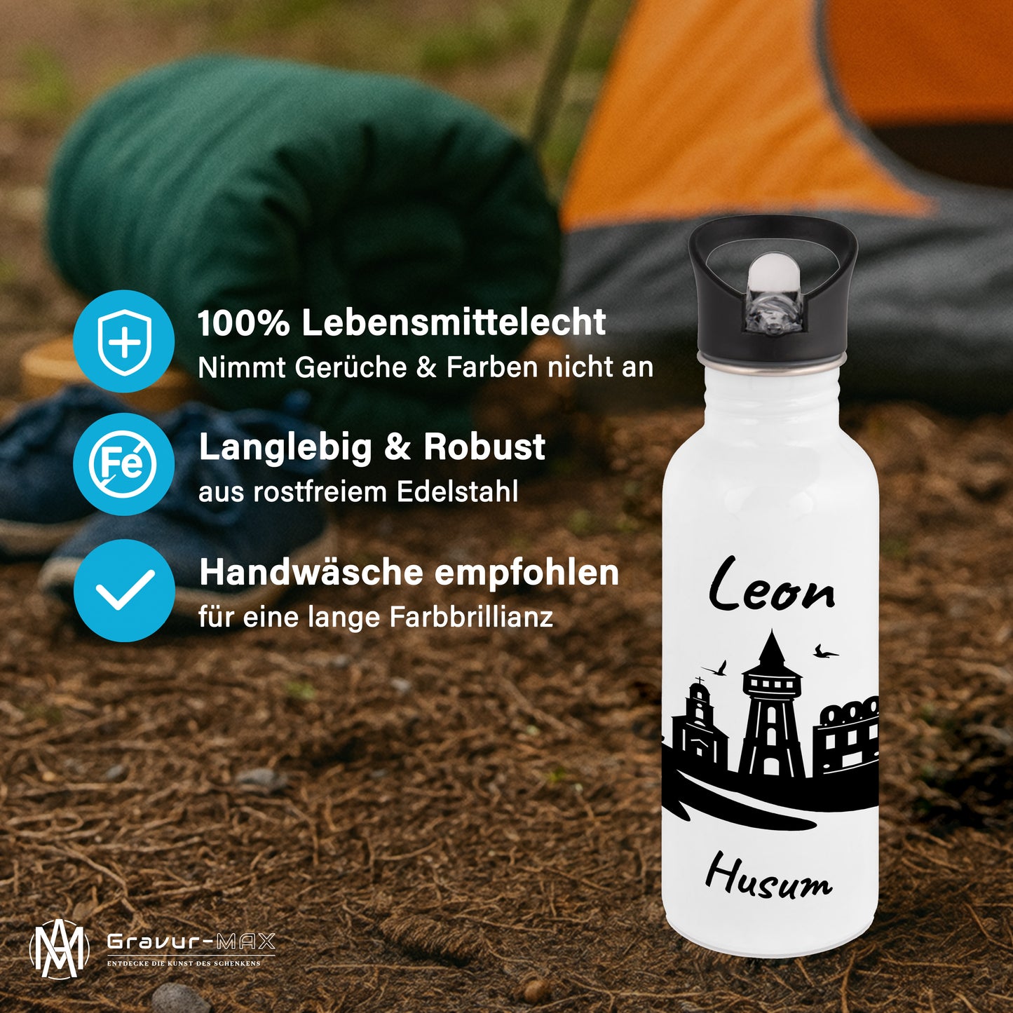 Trinkflasche in Weiß 600ml aus Edelstahl bedruckt mit der Skyline von Husum personalisierbar mit Wunschname