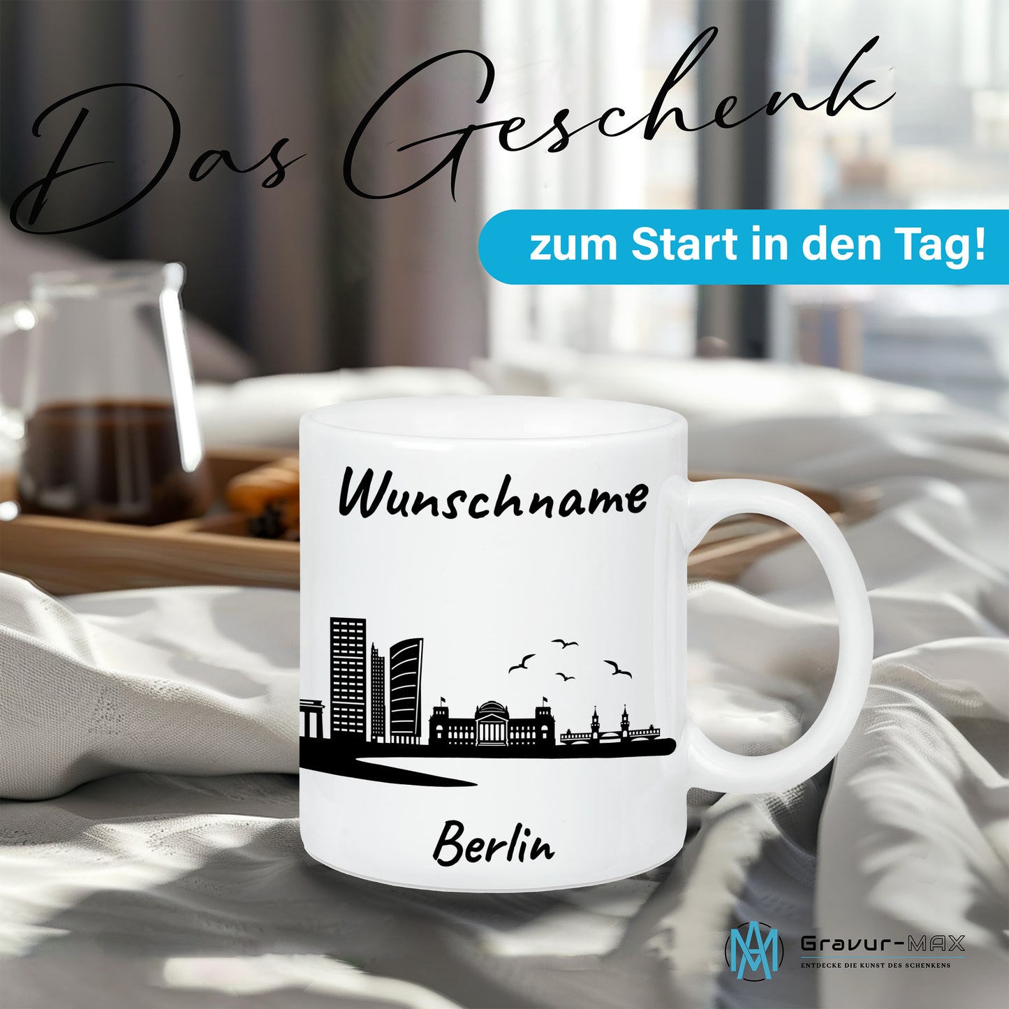 Tasse in Weiß 330ml bedruckt mit der Skyline von Berlin personalisierbar mit Wunschname