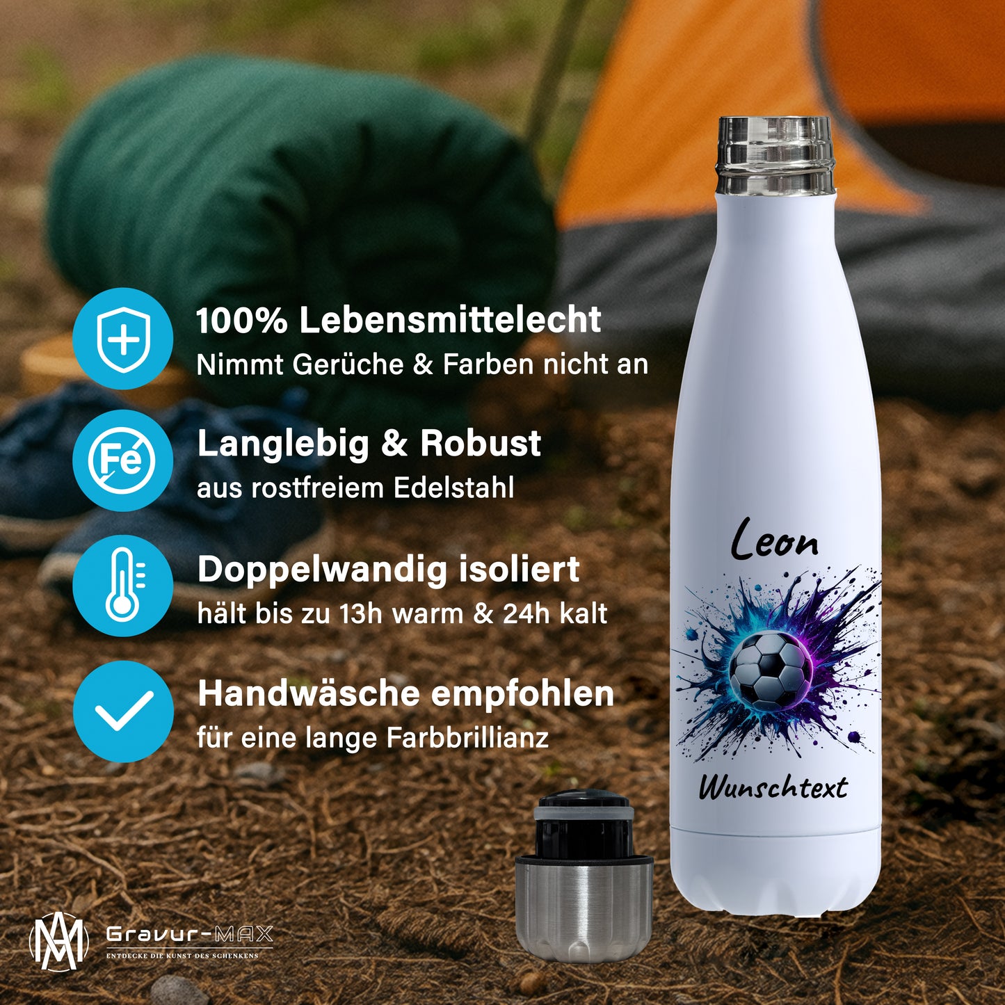 Thermoflasche 500ml in Weiß aus Edelstahl bedruckt "Fußball" Motiv10 personalisierbar mit Wunschname & Text