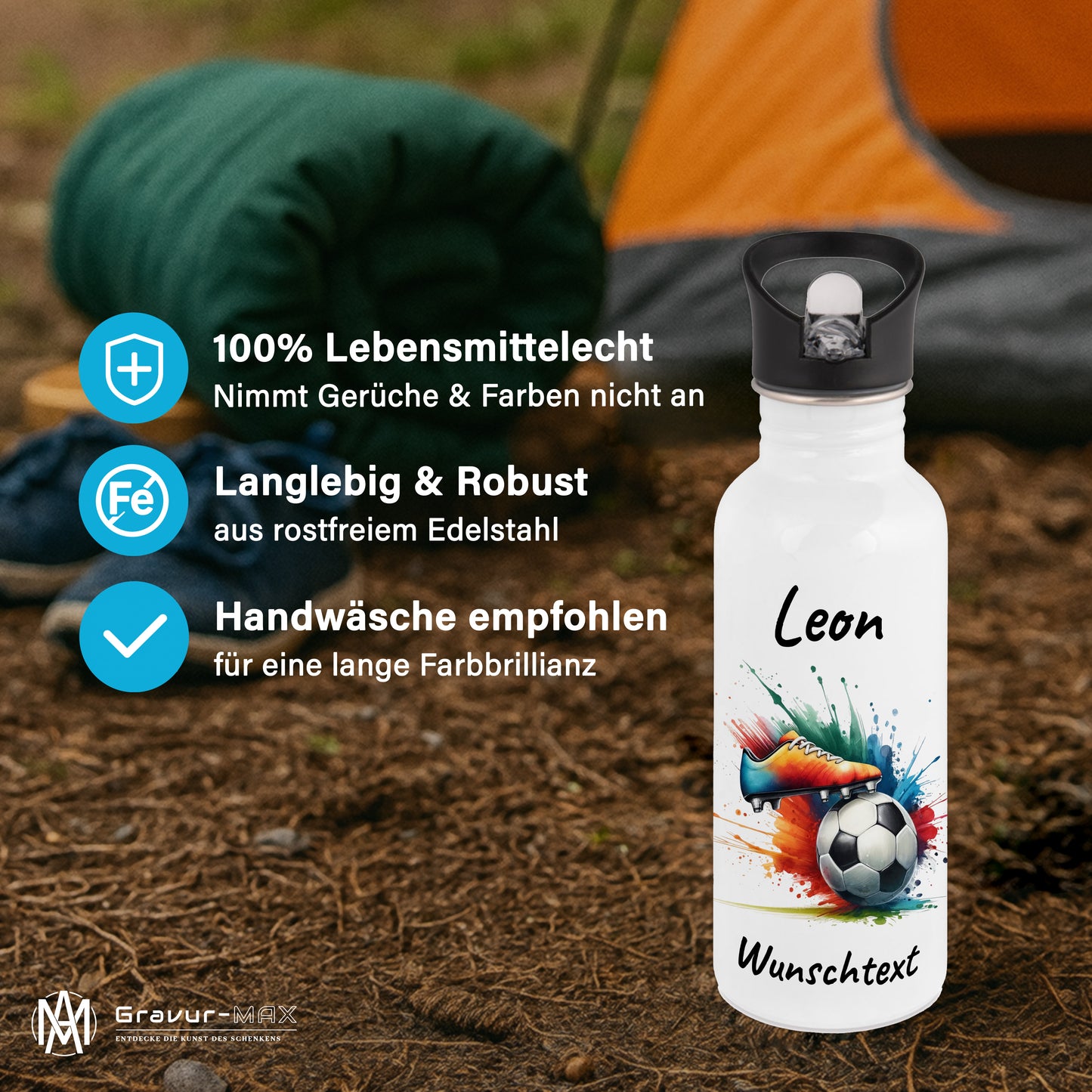 Trinkflasche mit Strohhalm in Weiß 600ml bedruckt mit Fußball Motiven"Motiv6" personalisierbar für Kinder mit Wunschname aus Edelstahl