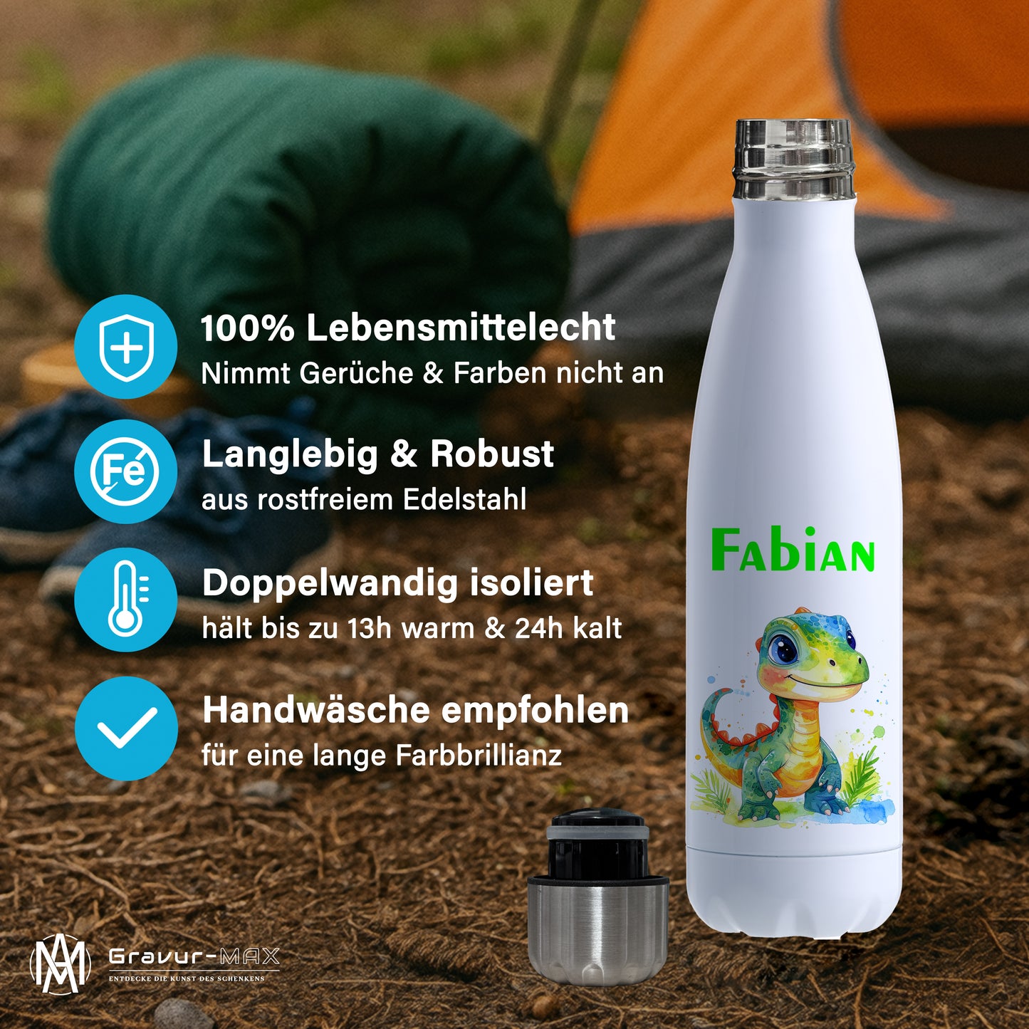 Thermoflasche 500ml in Weiß bedruckt mit tollen Motiven für Kinder "Dino Kinder" personalisierbar mit Wunschname