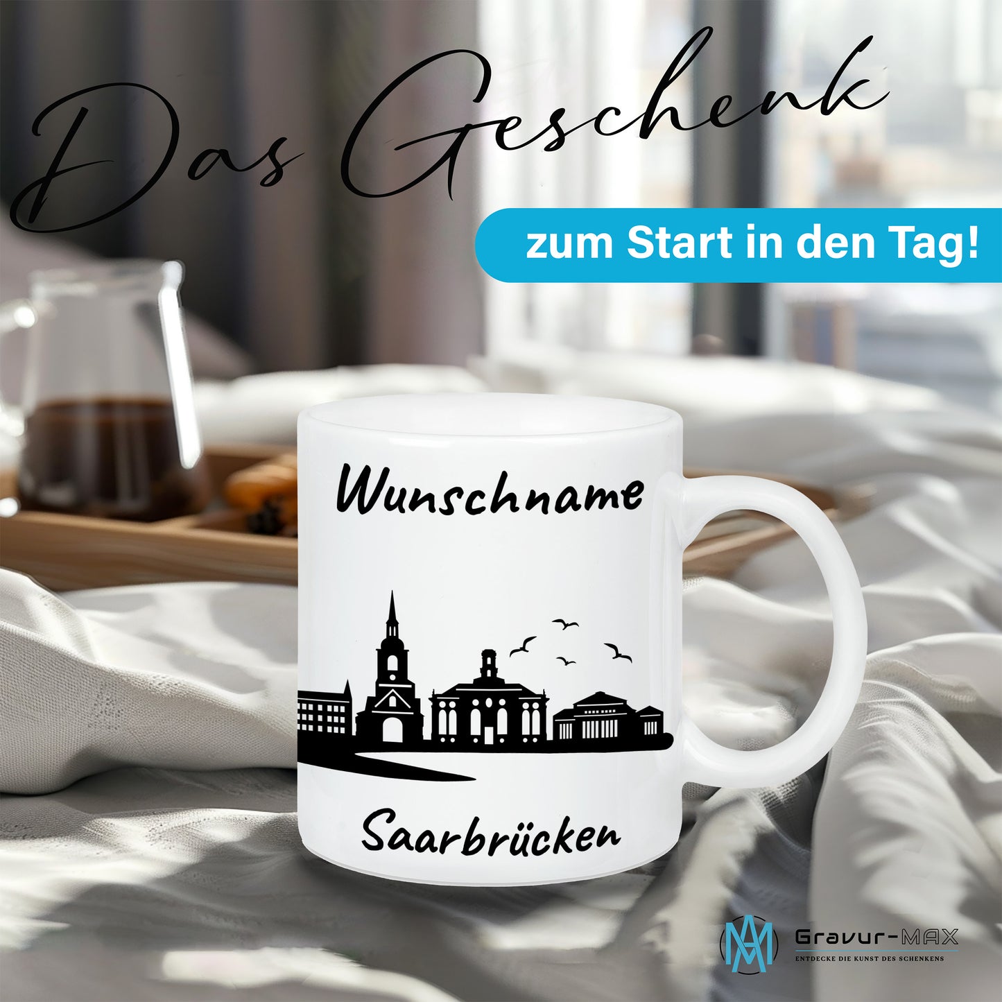 Tasse in Weiß 330ml bedruckt mit der Skyline von Saarbrücken personalisierbar mit Wunschname