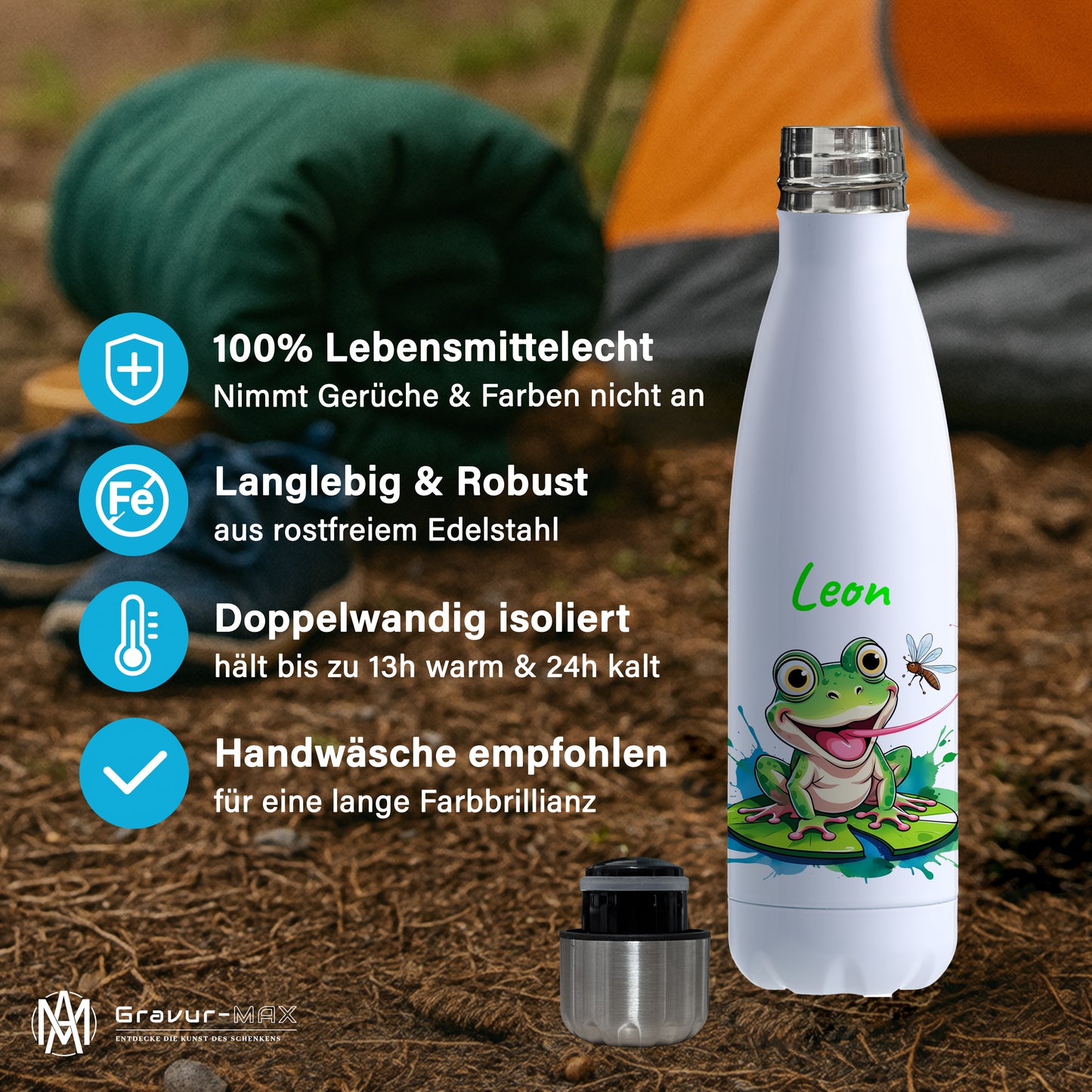 Trinkflasche in Weiß 500ml aus Edelstahl bedruckt mit niedlichen Tieren "Frosch" personalisierbar für Kinder mit Wunschname
