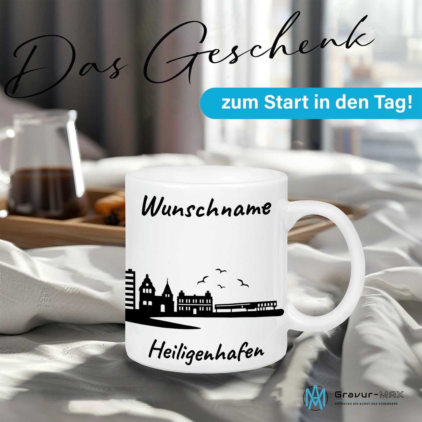 Tasse in Weiß 330ml bedruckt mit der Skyline von Heiligenhafen personalisierbar mit Wunschname
